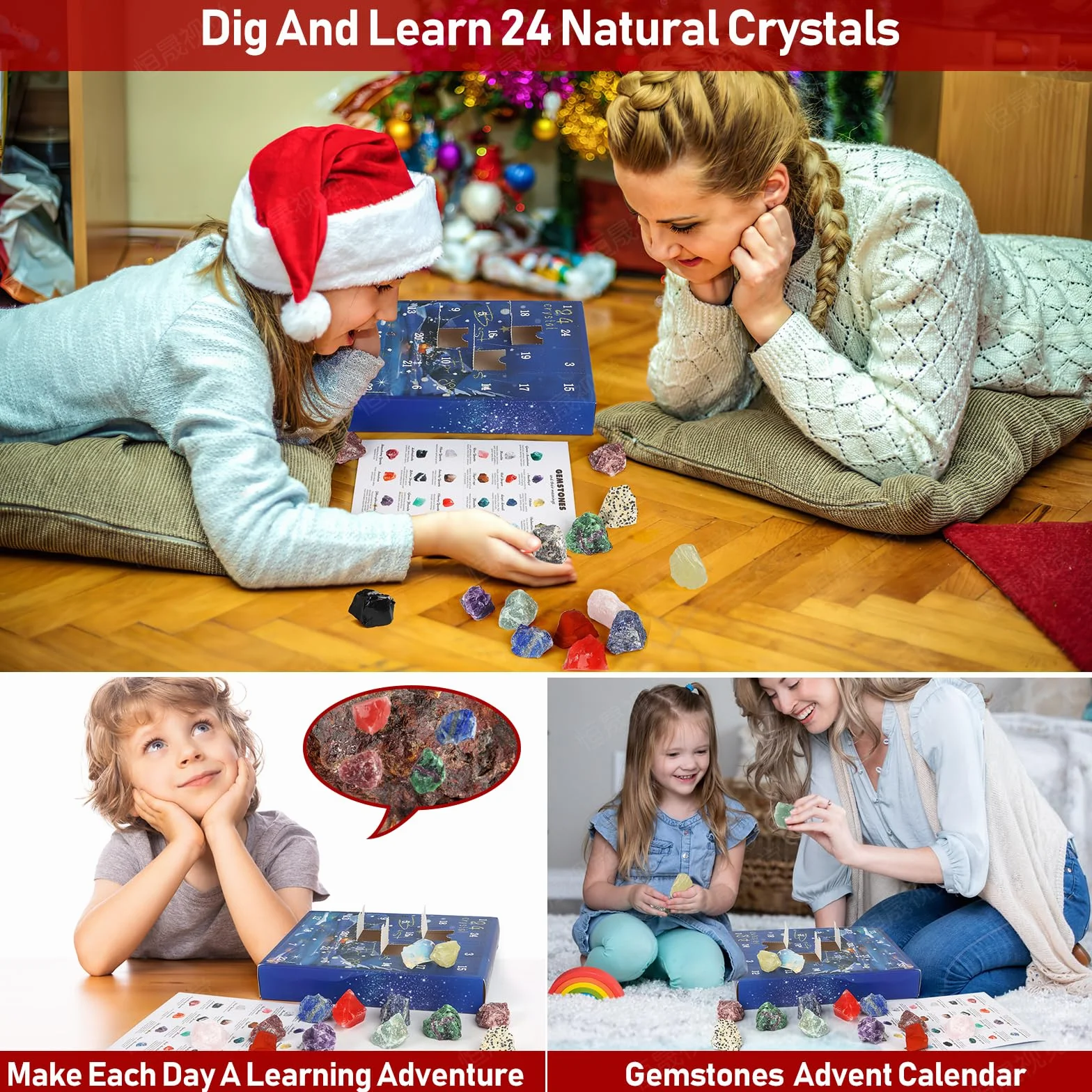 Calendario Adviento 2025 Minerales, 24 Días Calendario de Adviento 2025 Minerales y Cristales Fosiles Piedras Preciosas Naturales, Navidad Advent Calendar 2025 para Niños Niñas Mujer Hombre Girls