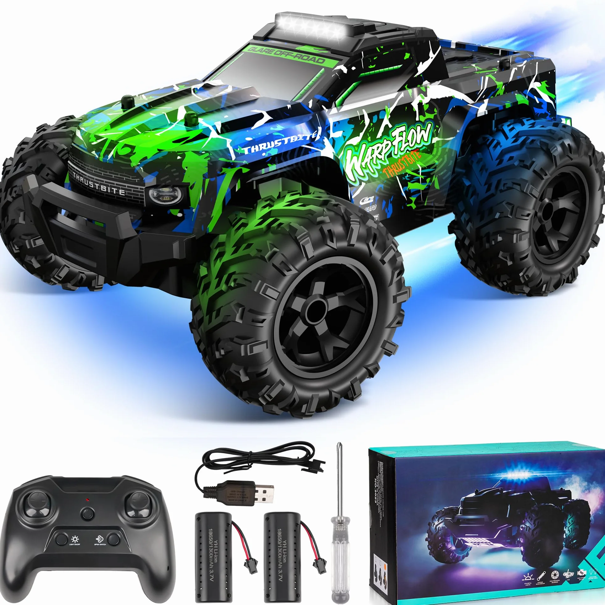 BAZADER Coche Teledirigido Coche RC - 1:18 Coches teledirigidos con Luces Led, 25 Km/H Remote Control Car con Pulverizador 2,4 GHz Todoterreno 2 Baterías Recargables 60min Play, para NiñOs Y Adultos