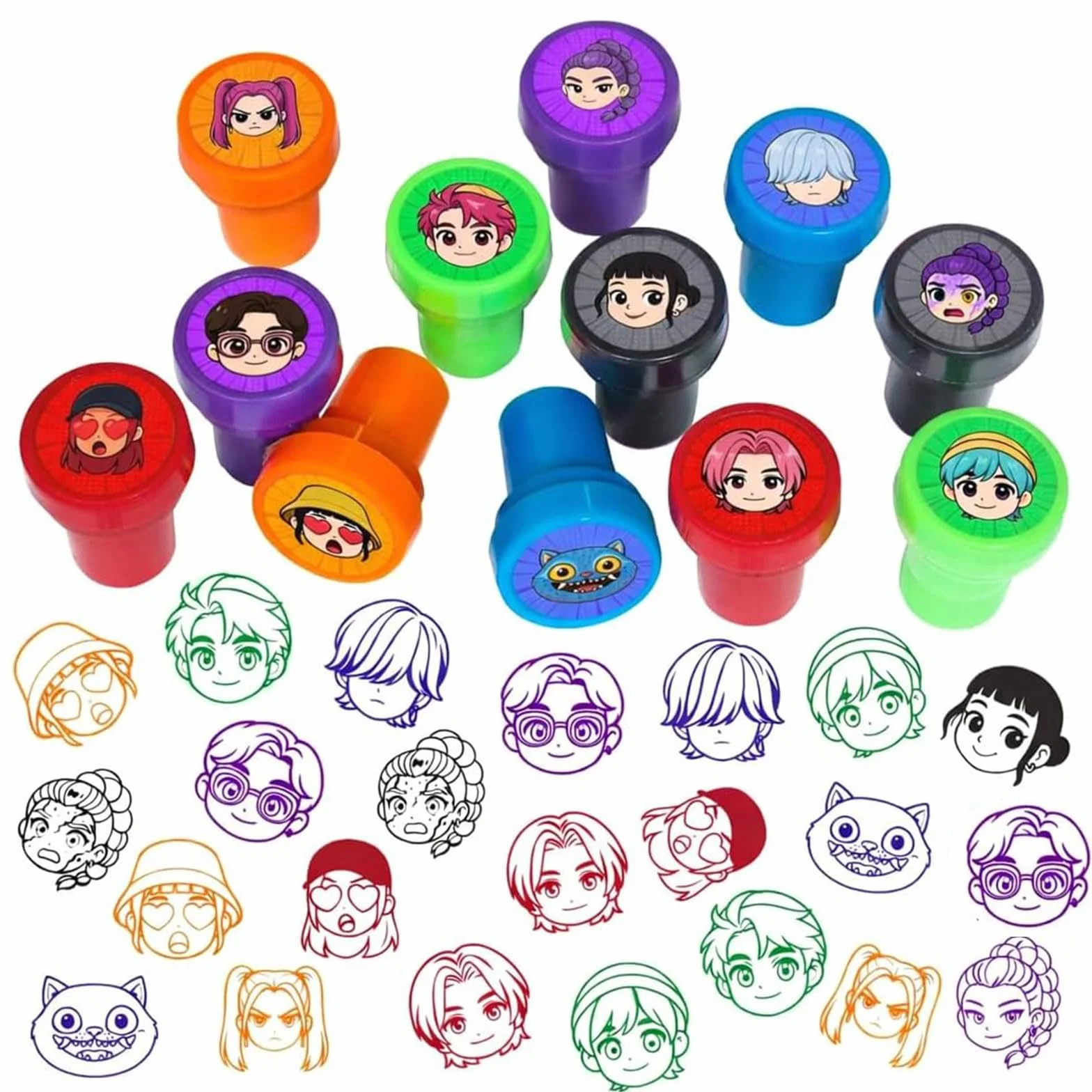 Lot de 24 sellos Demo - Mini Hunte - Autoentintables - para Niños - Redondos - Multicolor - Lindo Juguete de Dibujos Animados - para Fiesta - Pequeños Regalos