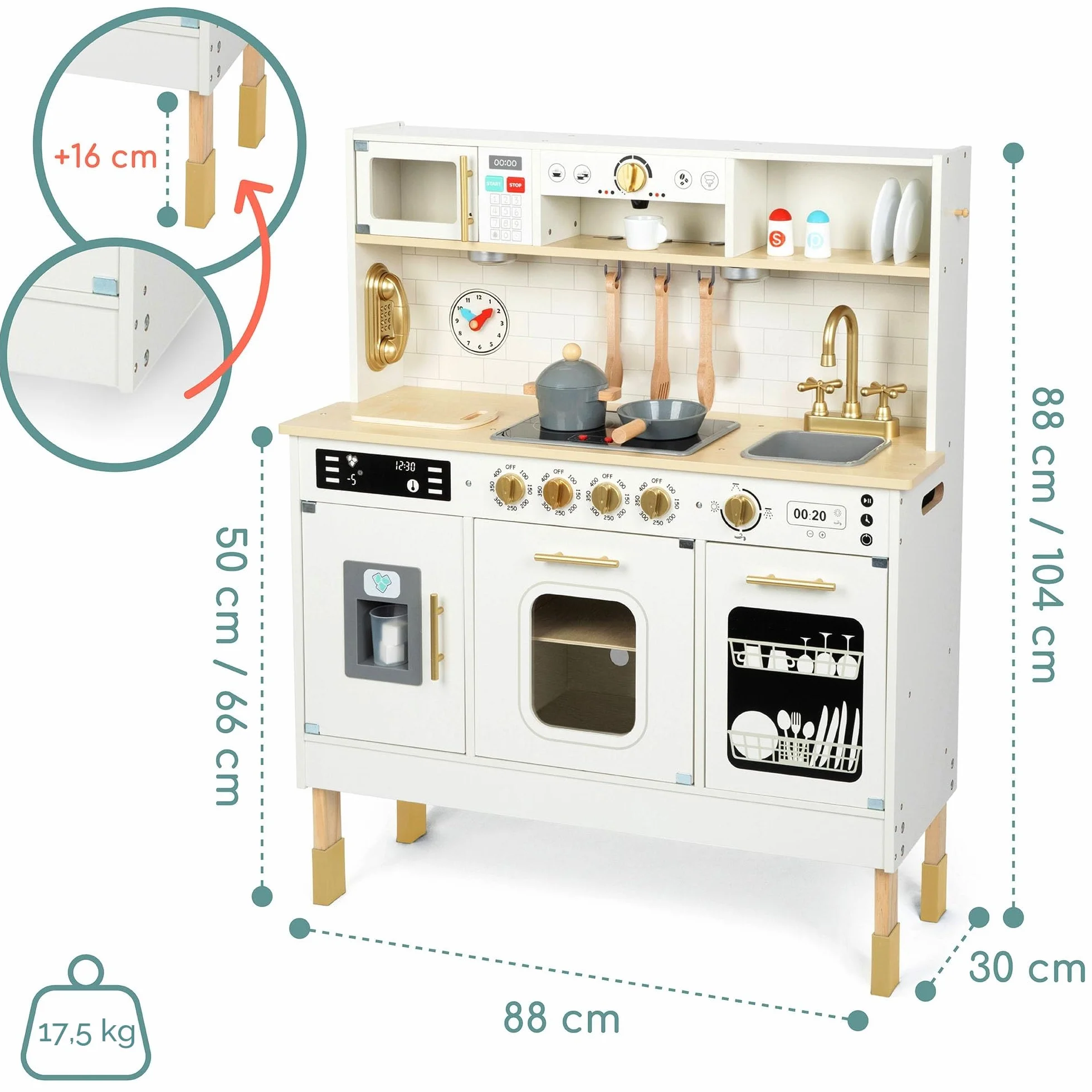 Mamabrum Cocina de Juguete para Niños de Madera con Luces LED - Juguetes Cocina Niños Interactiva con Altura Ajustable - Incluye Microondas, Lavavajillas y Accesorios - 104cm