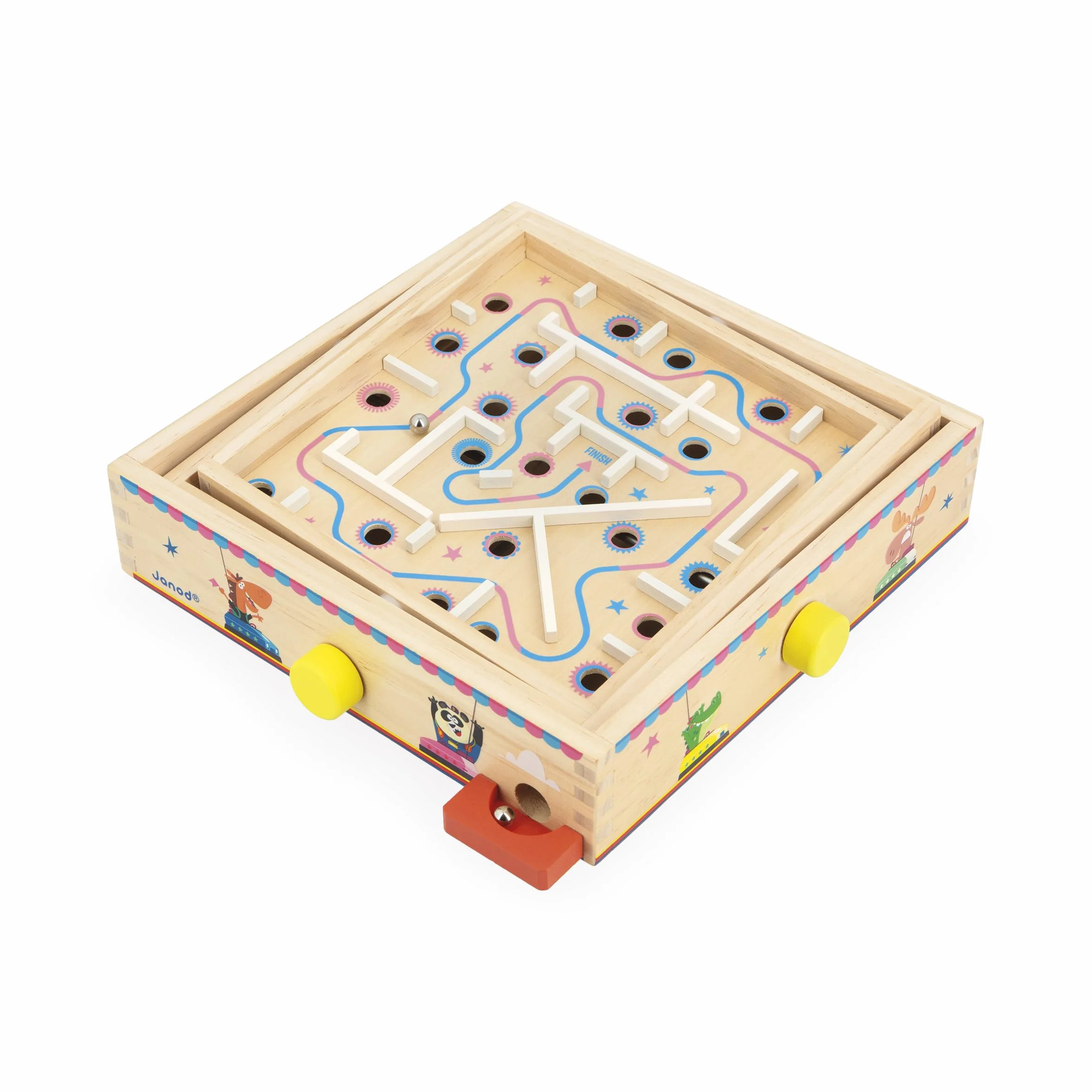 Janod Juego Laberinto de Madera para Niños y Adultos - Juguete Tradicional - Carrera de Canicas - 2 Canicas de Metal Suministradas - Desarrolla la Concentración y la Habilidad - A Partir de 5 años