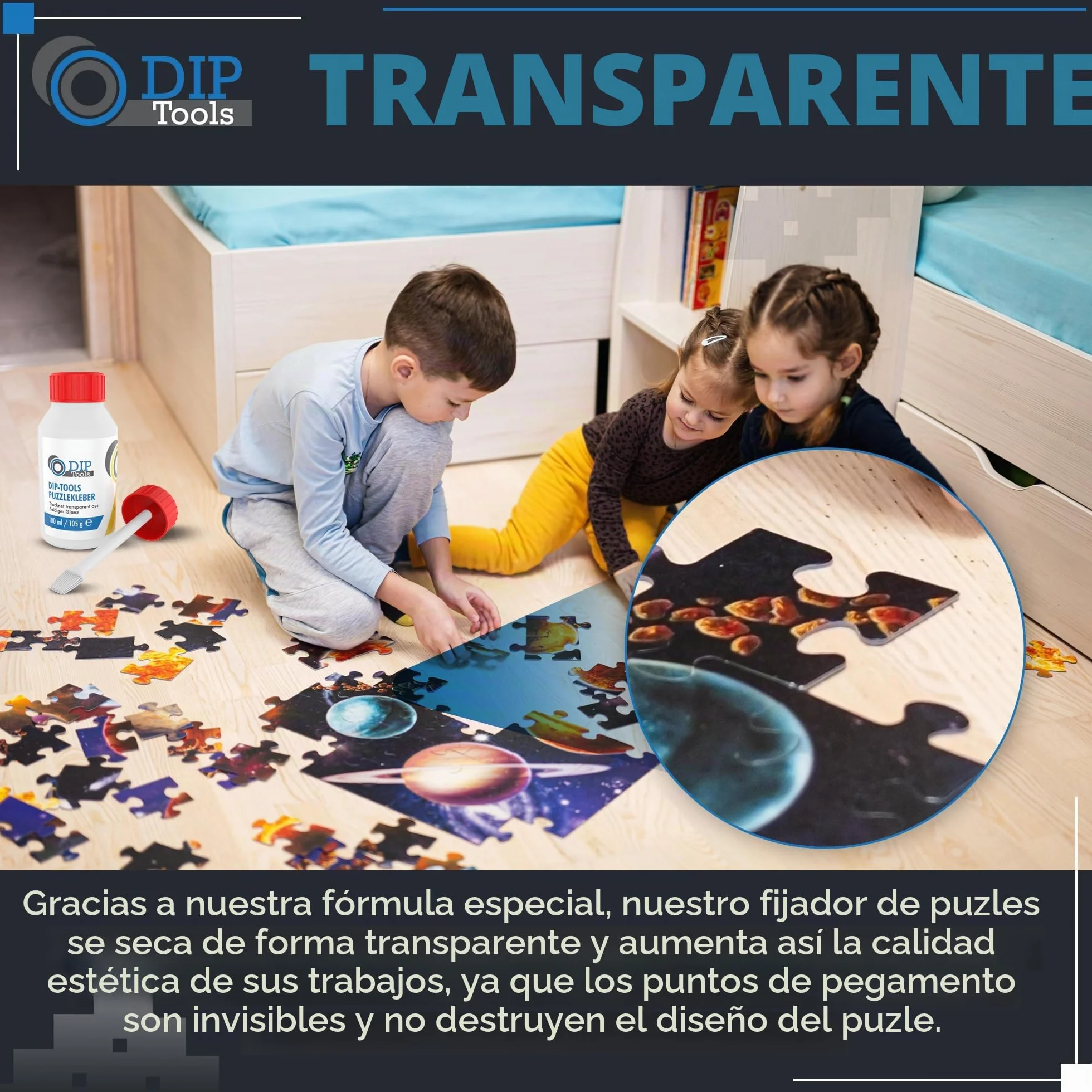 DIP-Tools - Pegamento transparente y rápido de secado para puzles, agarre duradero y brillo
