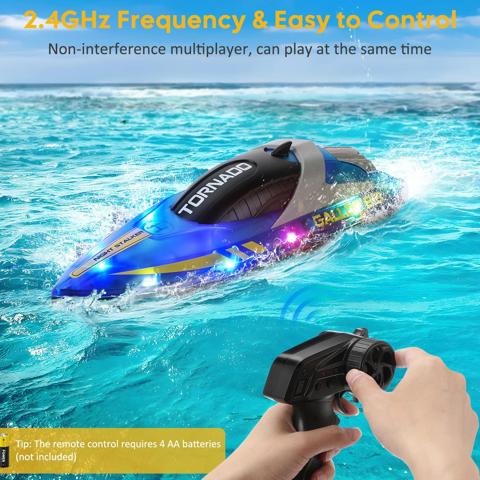 Coikes Barco a control remoto para niños y adultos, con luces LED, 2.4 GHz, alta velocidad, 15 km/h, doble hélice, lanchas de carreras para piscinas y lagos, juguetes de piscina recargables, regalos