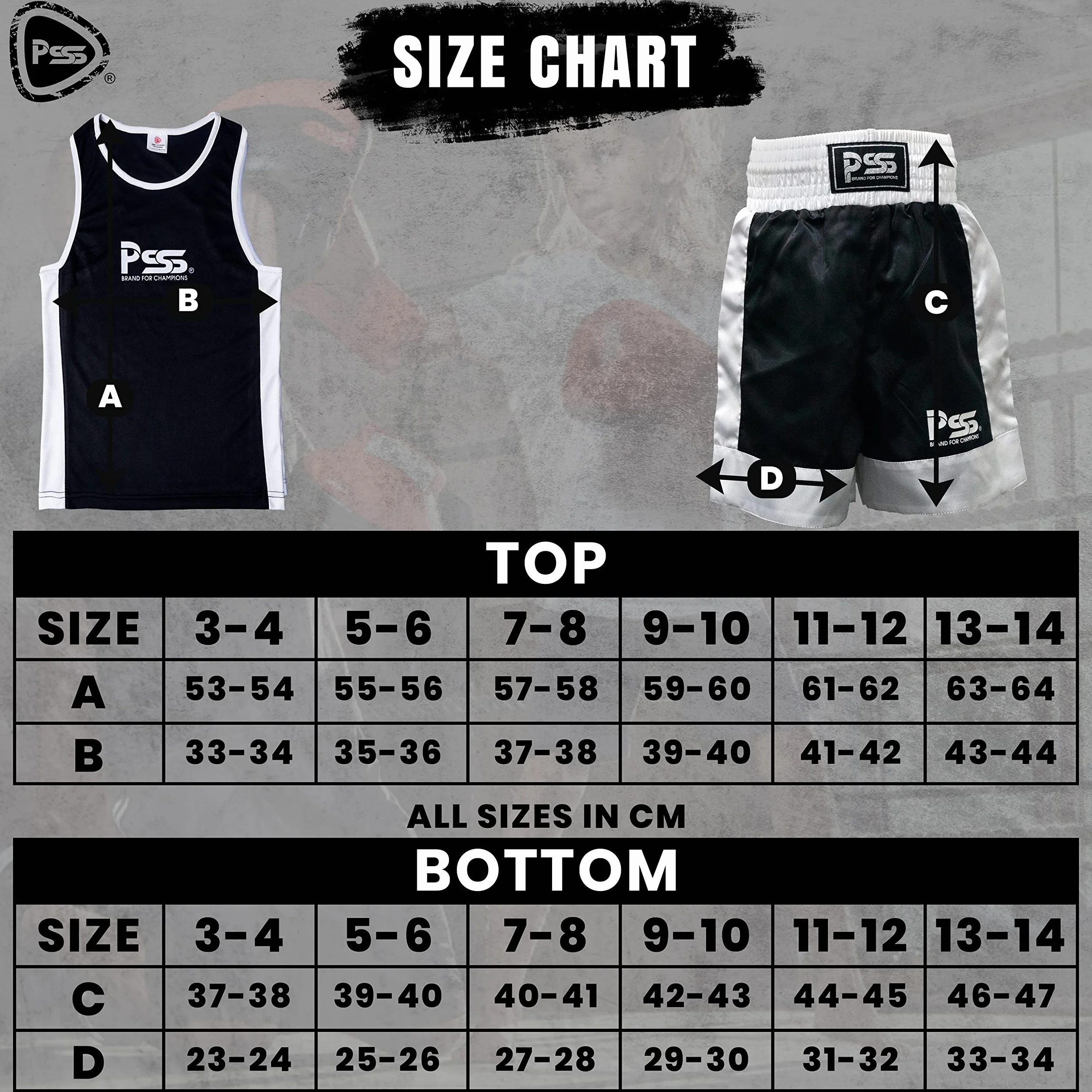 PSS NUEVO Infantil Boxeo Uniforme 2 Piezas Set Top Corto 03 Negro 7-8 Años