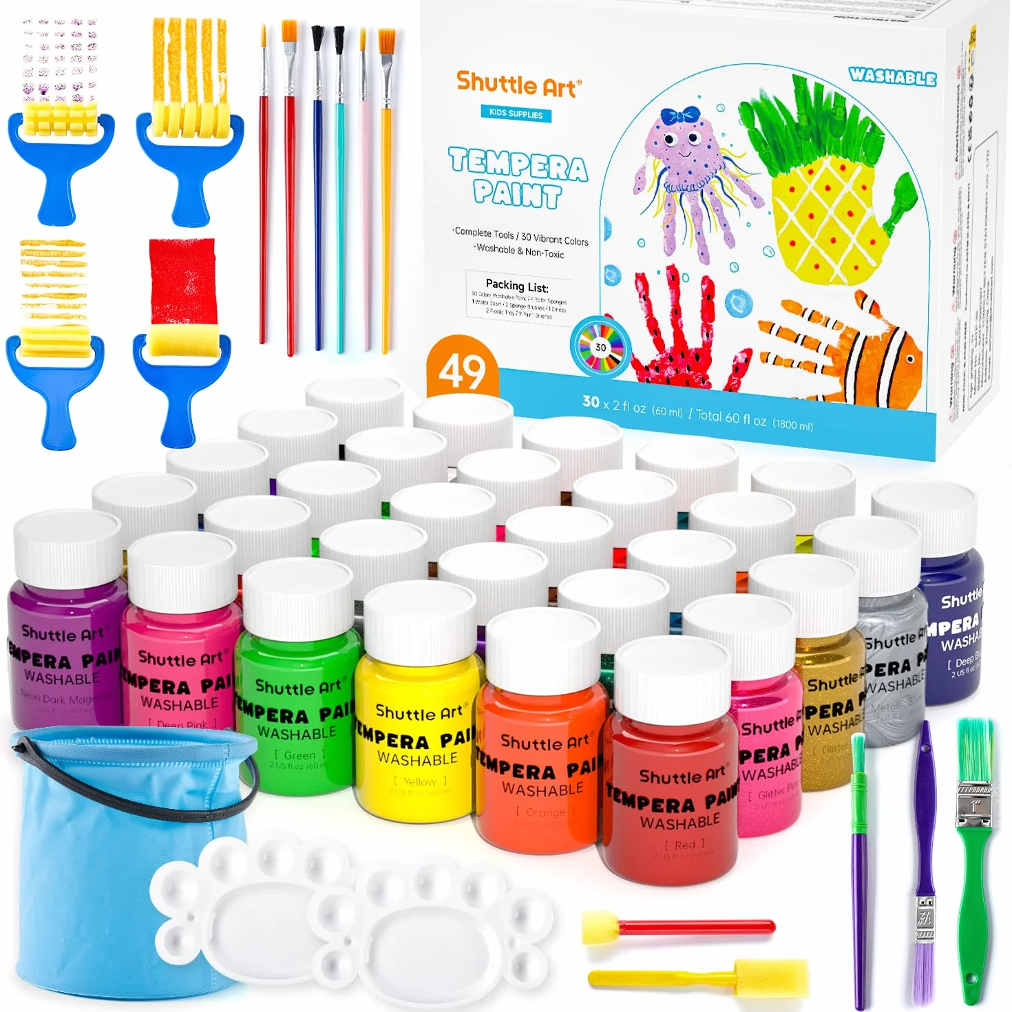 Shuttle Art Pintura Témperas, 30 Colores de Témpera en Frascos (2oz/60ml), Pinturas de Dedos No Tóxicos, Pintura al Tempera para Arte, Manualidades y Proyectos Escolares