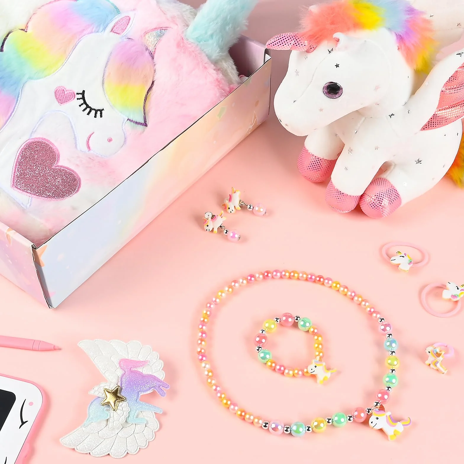 Euakee Unicornio Juguete Regalos Cumpleaños para Niñas 4-10 Años, Set de Joyas, Bolsa de Peluche, Colgante (Colorido)