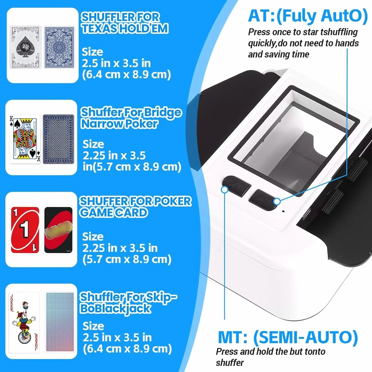 Barajador de Cartas Automático, Barajador Eléctrico para 1-2 Barajas, Modo Automático y Manual, Recargable 2000 mAh, Portátil y Silencioso, para Póker, UNO, Blackjack, Skip-BO