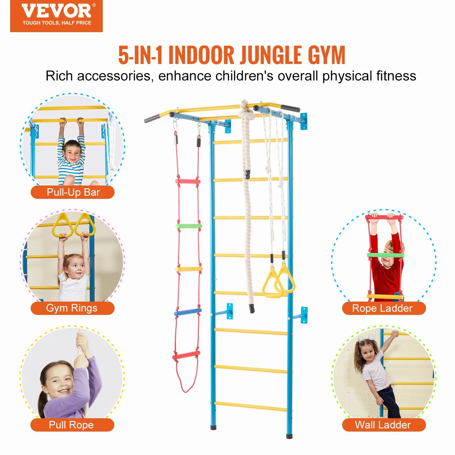 VEVOR 5 en 1 Juego de Escalada para Niños con Escalera Sueca de Acero al Carbono, Escalera de Pared, Barra de Dominadas, Escalera de Cuerda y Anillos de Gimnasia, Carga de 99,8 kg, Multicolor