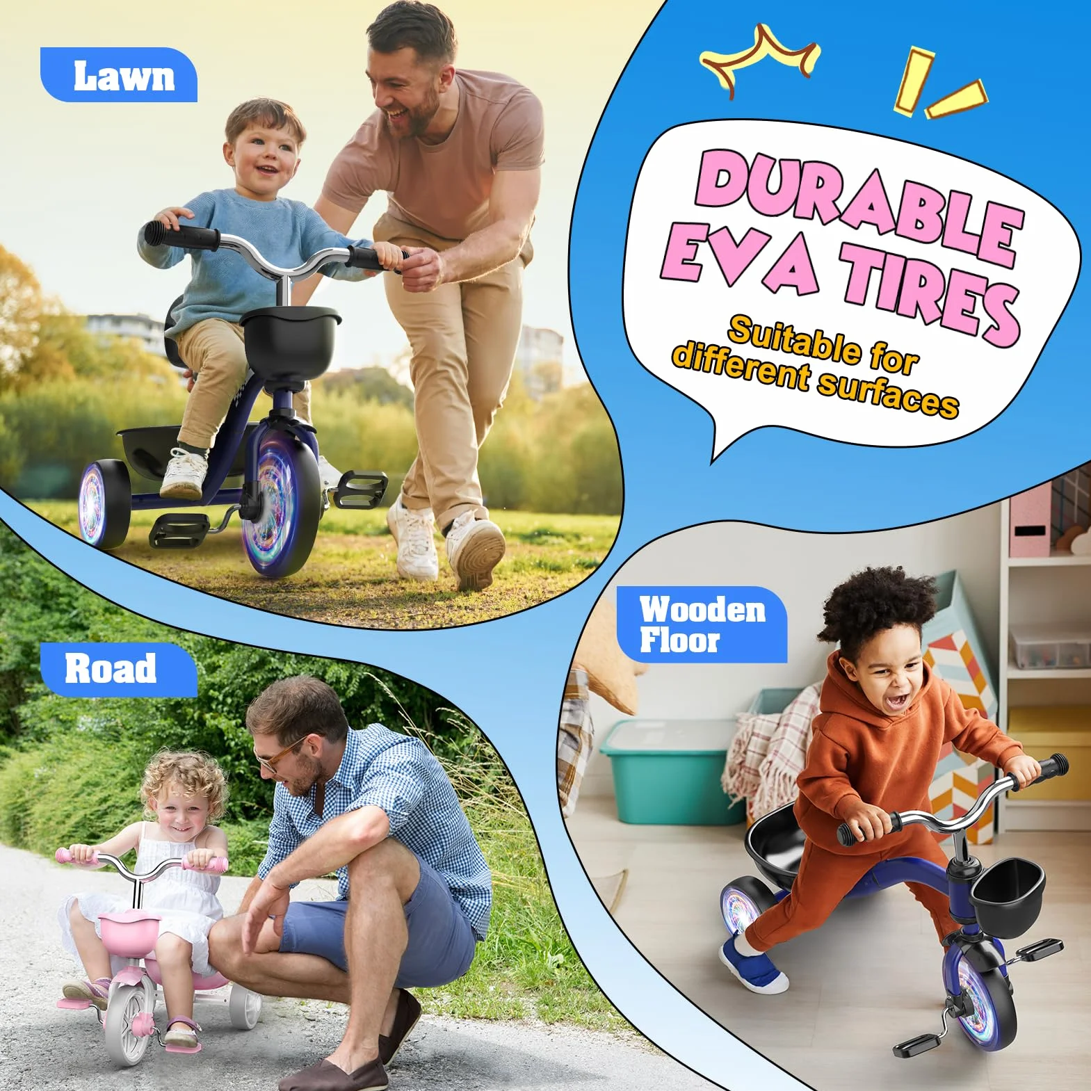 Braxel Triciclo para Niños de 2 a 5 Años, Triciclo Evolutivo con Asiento Ajustable Luces Geniales para Niño y Niña de 1 a 4 Años Carga 35 kg, Rosa