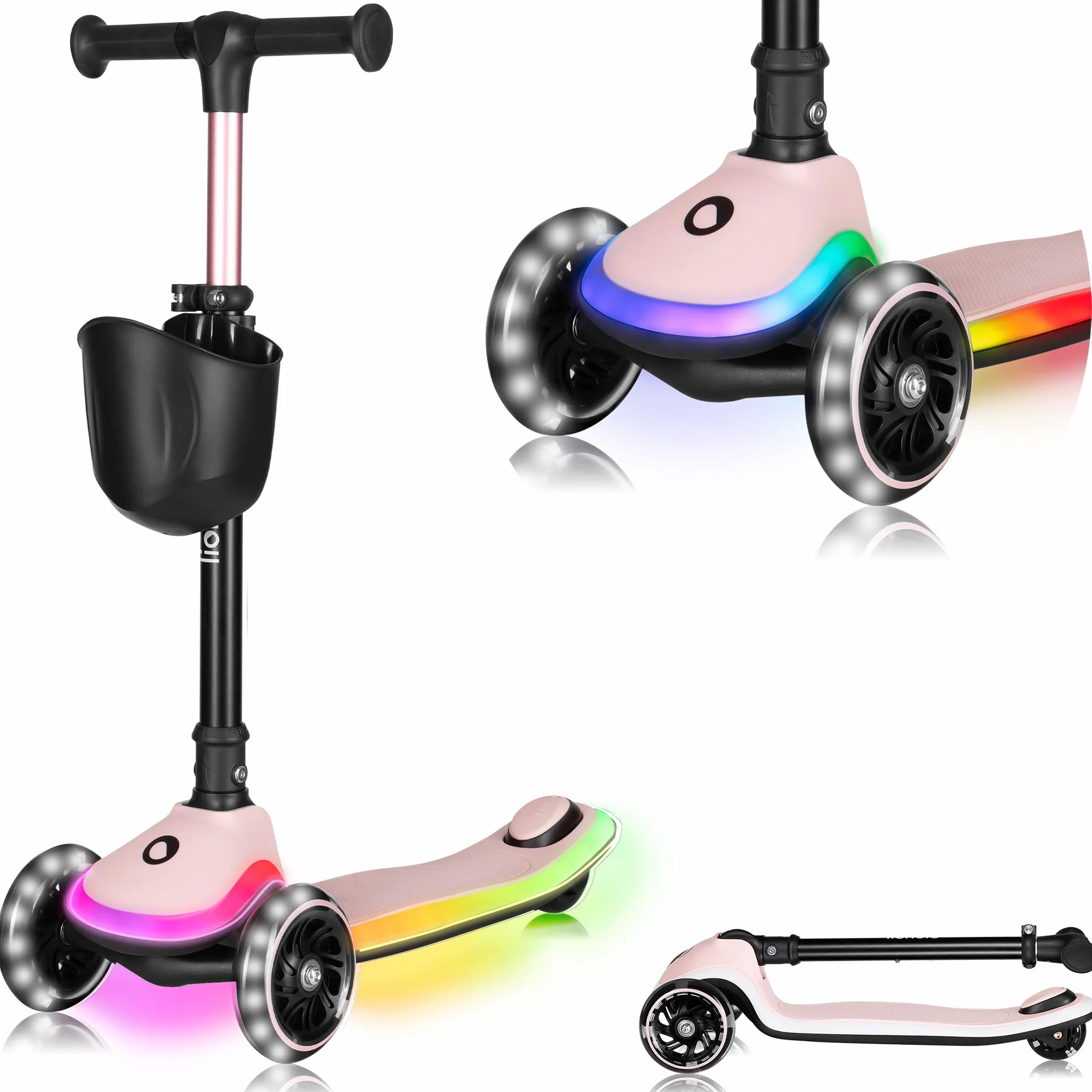 LIONELO MEY Patinete de Equilibrio para Niños Desde 3 años hasta 50 kg, Scooter Infantil Patinete de 3 Ruedas con Ajuste de Altura, Plataforma Antideslizante Iluminada y Ruedas LED, Cesta