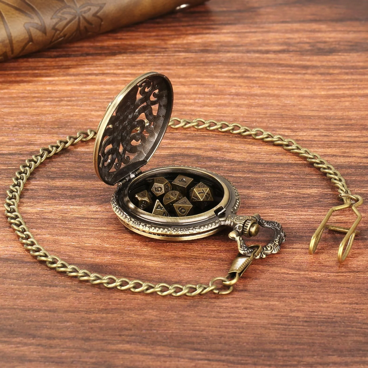 Mini Dados DND con Caja de Reloj de Bolsillo Steampunk Hueco Pulpo - 7 Piezas Poliédrico Metal D&D Juego de Mesa - Bronce