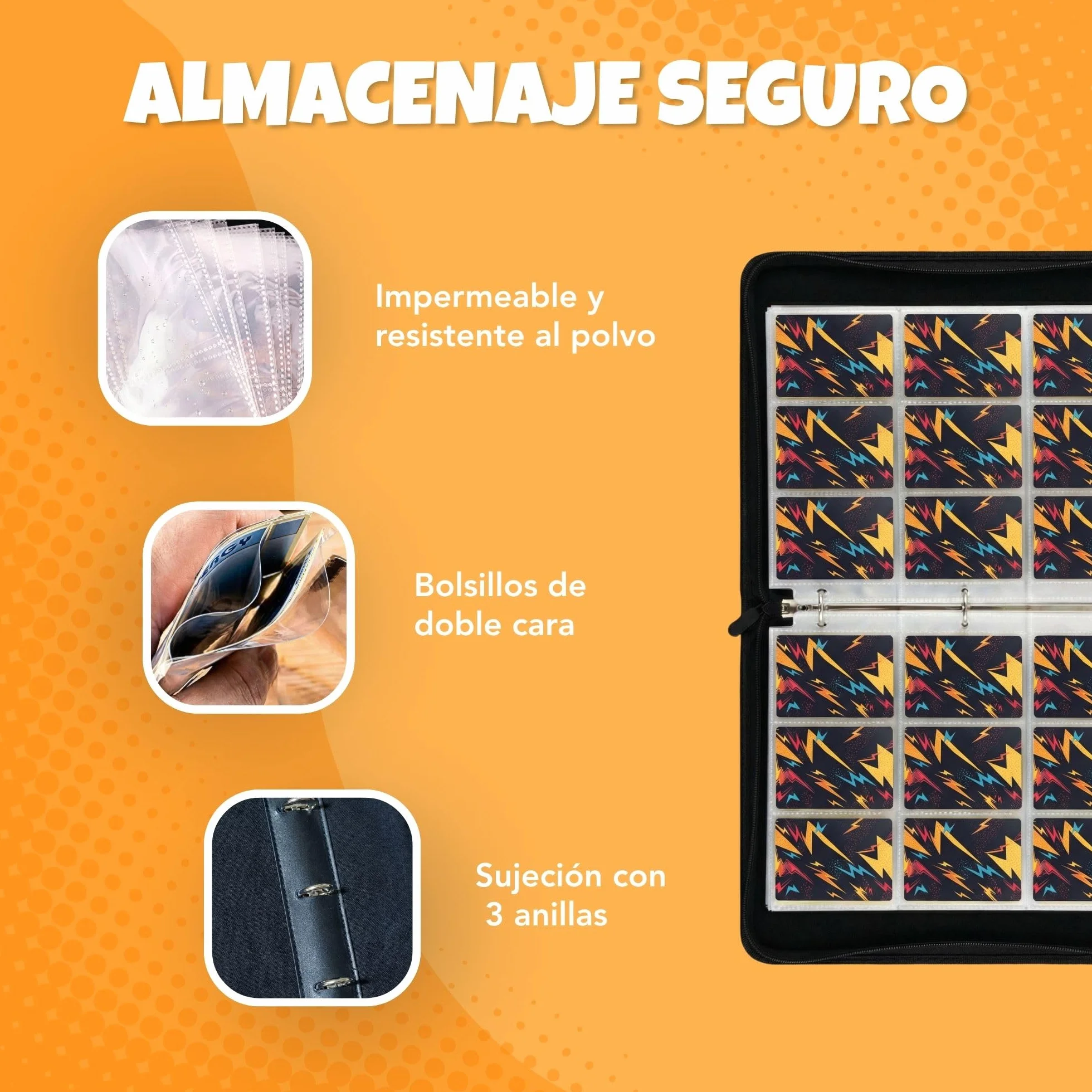 Álbum Cartas para Pokémon – 1080 Cartas, 60 Páginas y 9 Bolsillos – Card Binder Grande con Cremallera – Carpeta para Cartas TCG con Archivador Impermeable y Doble Cara