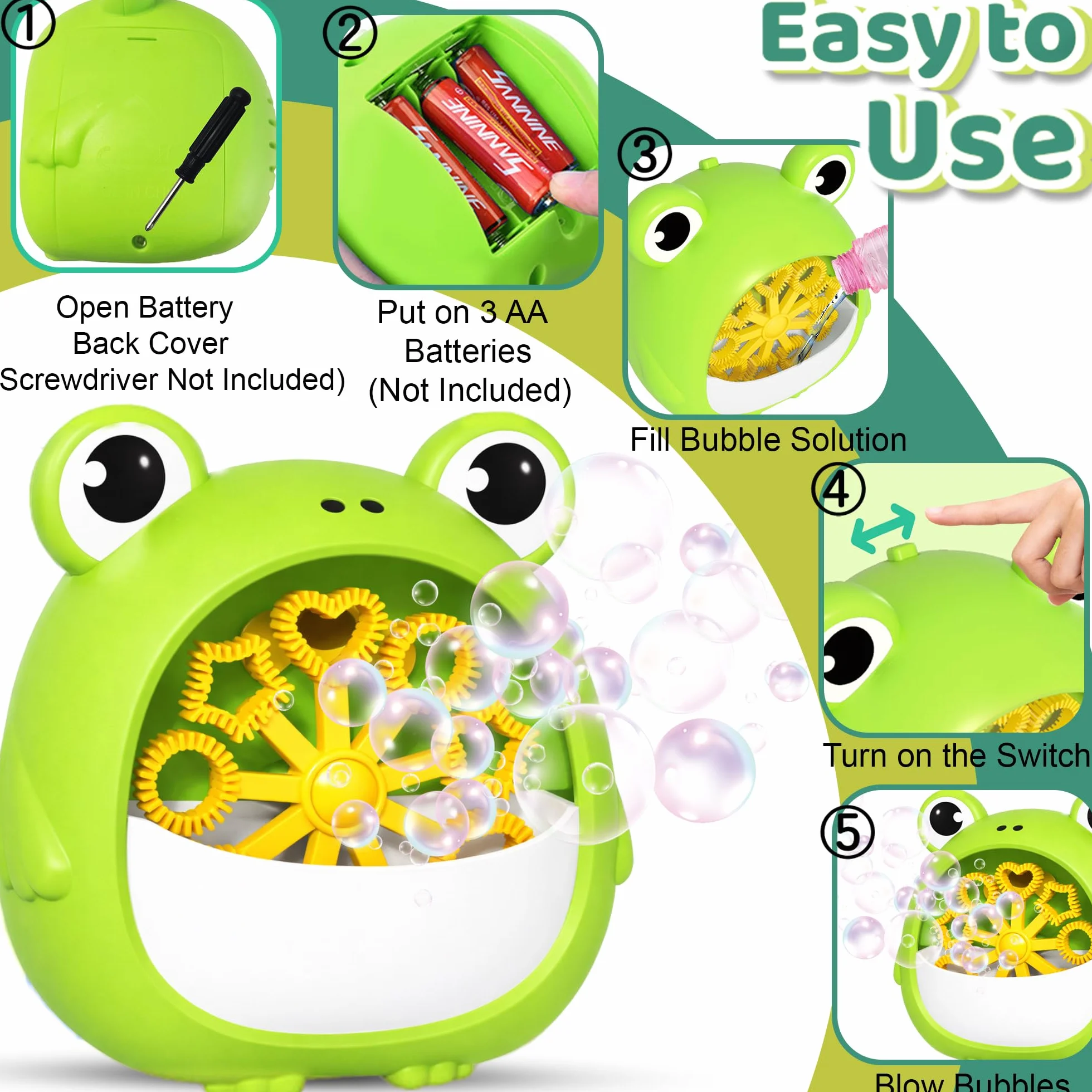 Chennyfun Máquina de Burbujas Rana para Niño, Juguete Portátil y Automática Hacer Burbujas 2000+/Min, Máquina de Soplado Burbujas con Solucione, Interior Exteriores Boda Fiesta Regalo Cumpleaño Juegos