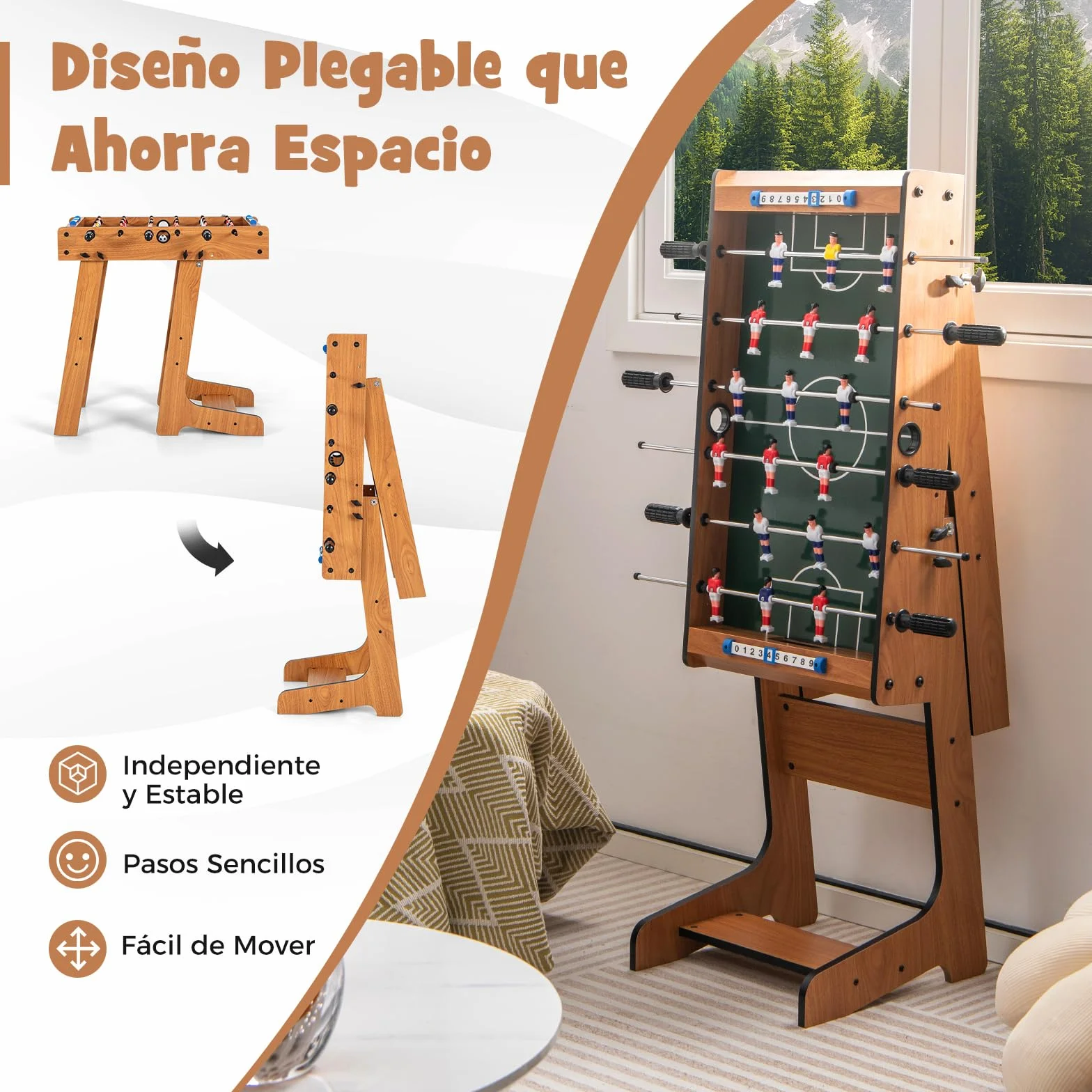 RELAX4LIFE Futbolín Plegable de Madera con Patas, 6 Asas, 18 Jugadores, 2 Balones y 2 Marcadores, Futbolín para Niños y Adultos, Juegos de Mesa para Dormitorio, Bar, Salón, Fiestas, 36x69x71cm