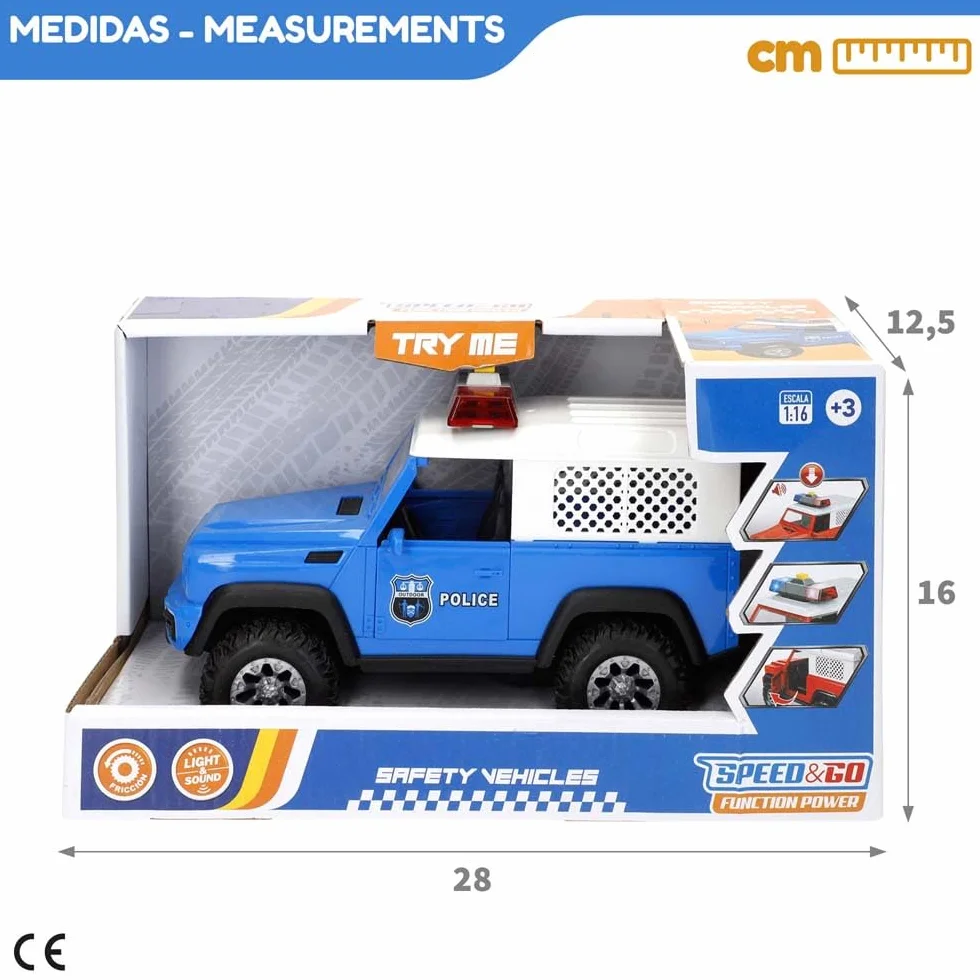 ColorBaby Speed & Go Coche policía Juguete, con Luces y Sonidos, Puertas Apertura Manual, Sistema de fricción, Escala 1:16, para niños a Partir de 3 años (39053)