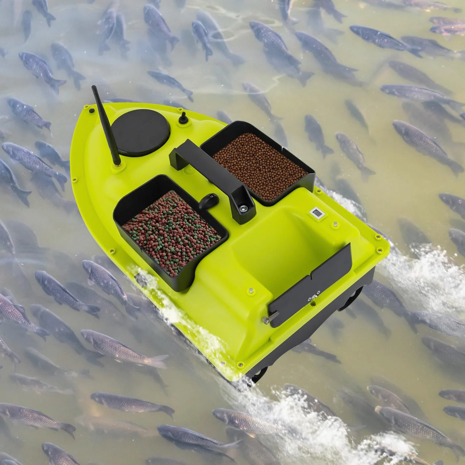 Barco de pesca con GPS, 99 posiciones, motor dual de 52 W, batería de 90 min, alcance de 600 m, mando a distancia LCD, incluye bolsa de transporte