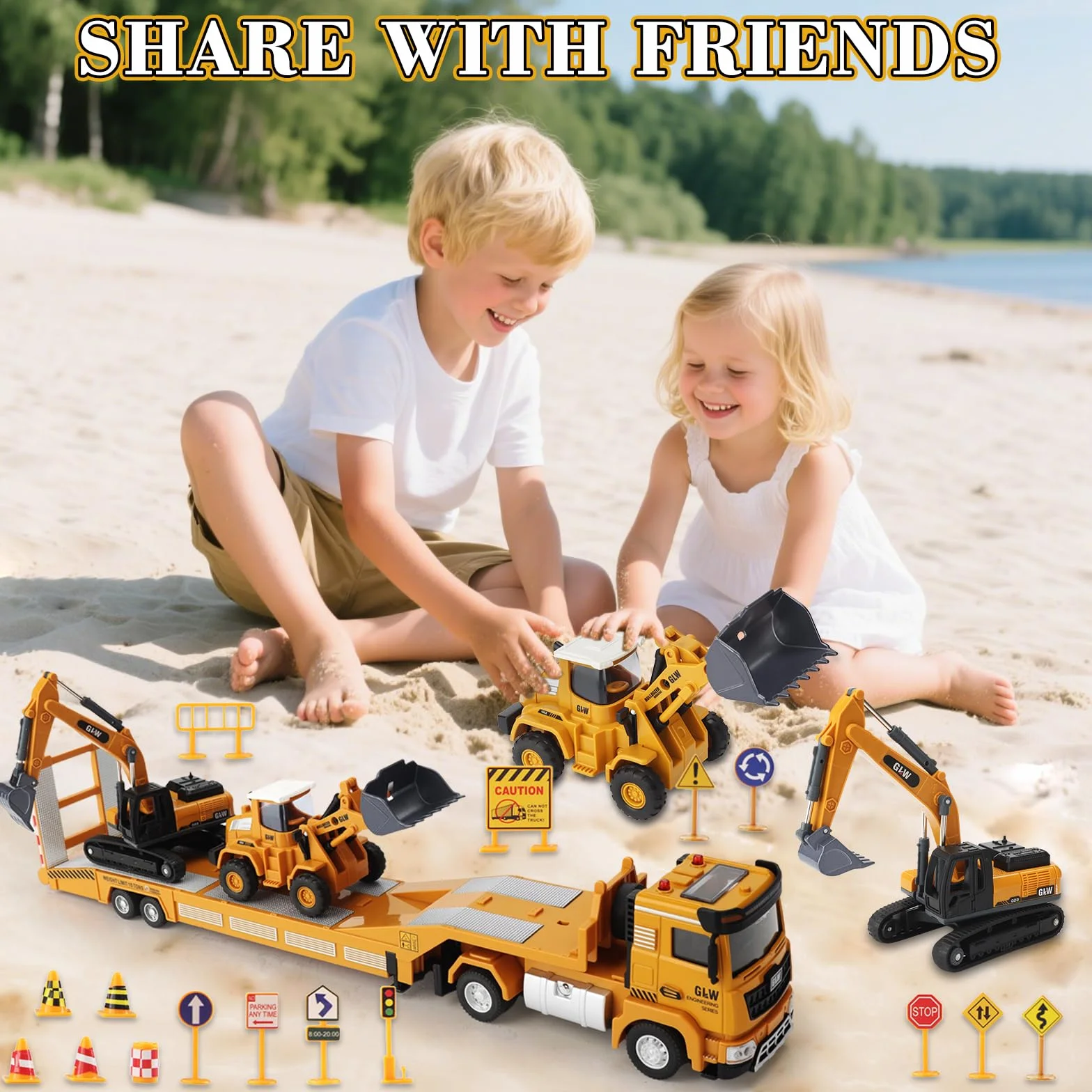 UCAMP Camion Transportador Coche de Juguete con Luces y Sonidos para Niños 3 4 5 6 7 Años, 1:40 Juguete Vehículos de Construcción con Excavadora Bulldozer, Juguetes Regalo de Cumpleaños Navidad