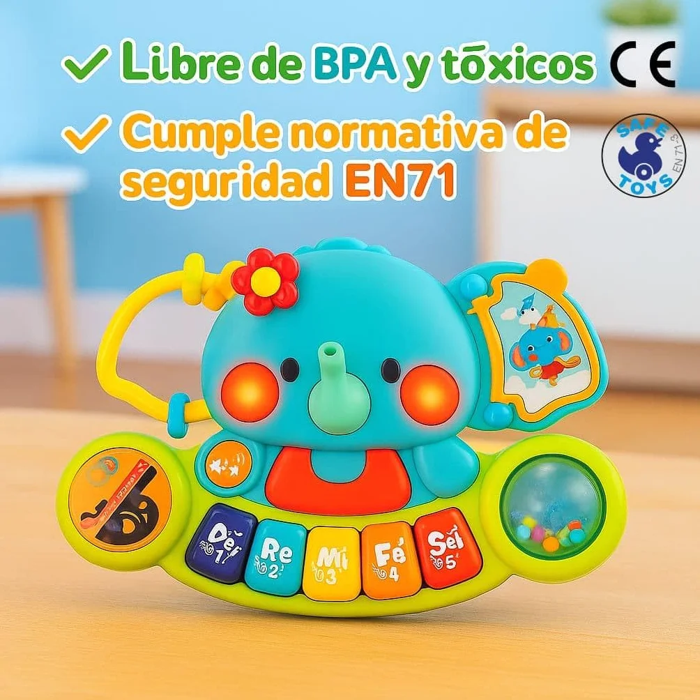 Hola - Piano Infantil de Juguete - con Luces y Sonidos Reales de Instrumentos Musicales - Juego Elefante Musical con Teclado y 7 Actividades - Juguete Sensorial y Educativo - Regalo Bebe +6 Meses
