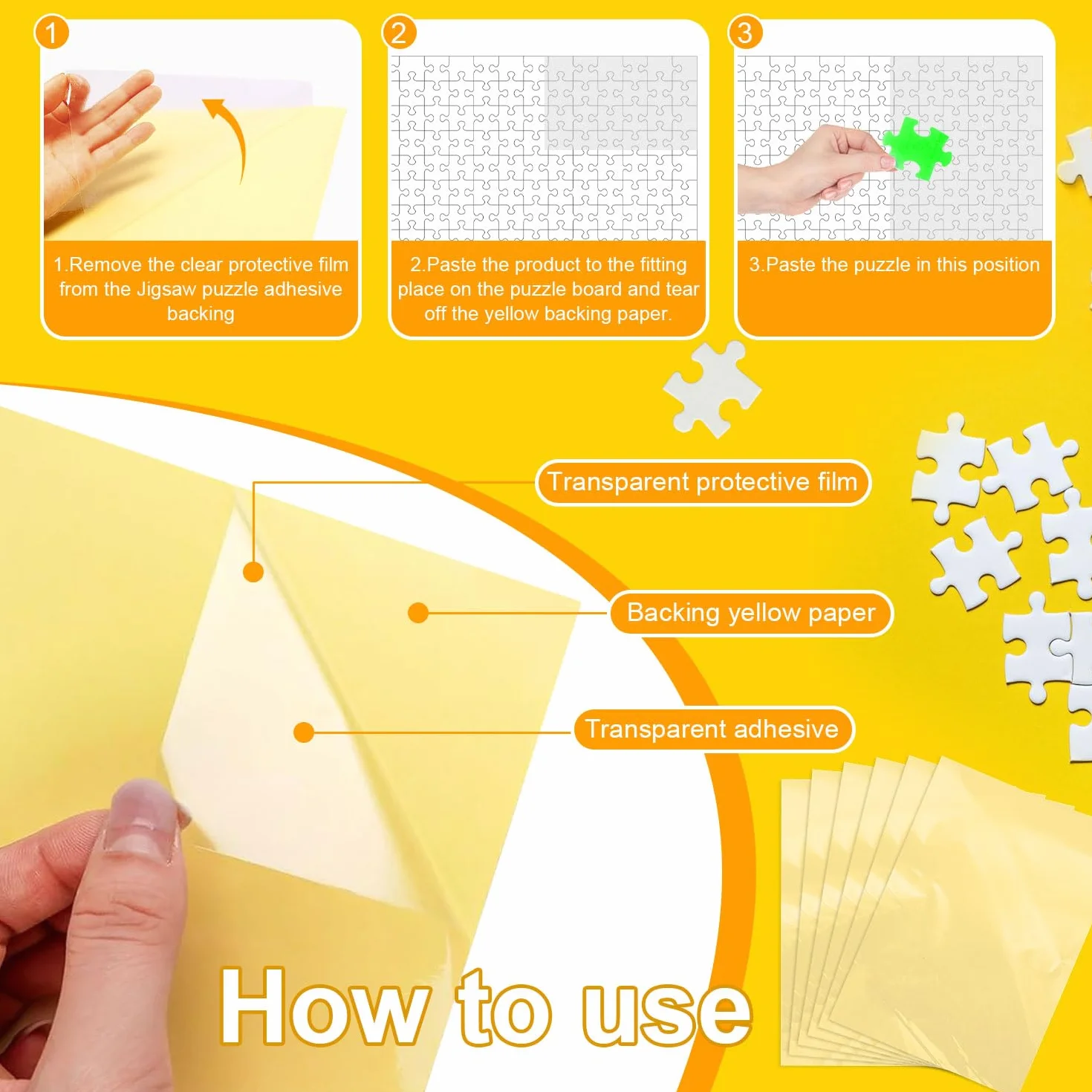 48 Hojas Puzzle Transparente Papel Adhesivo Doble Cara Lámina Autoadhesiva Rompecabezas Asegurar y Proteger Puzzles Fotos y Postales(25 × 18 cm)