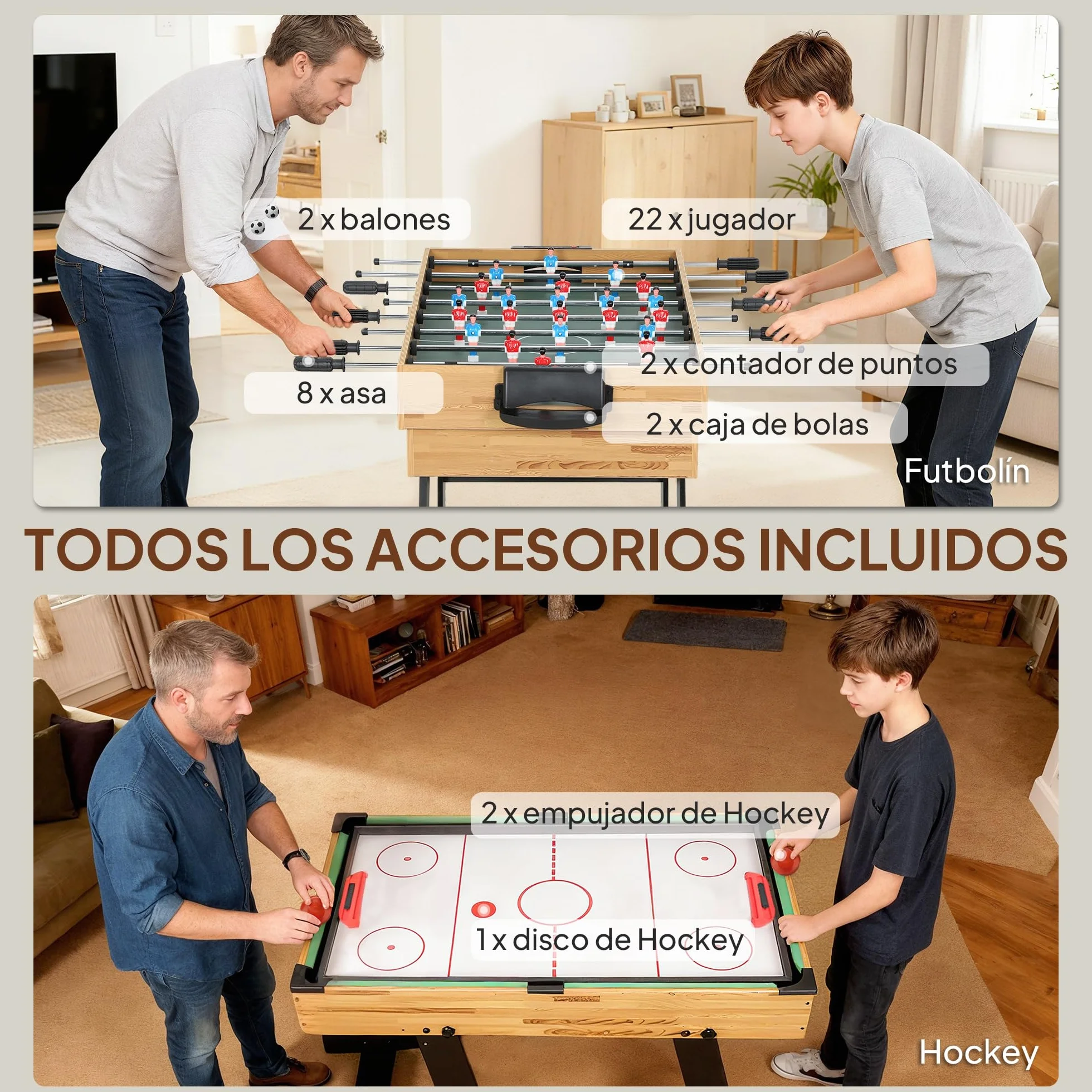 SPORTNOW Mesa Multijuegos Plegable 13 en 1, Mesa de Juego con Futbolines para Niños, Billar, Ping-pong, Hockey, Ajedrez, Damas, Backgammon y Accesorios, Diversión Familiar para Adultos y Niños Natural