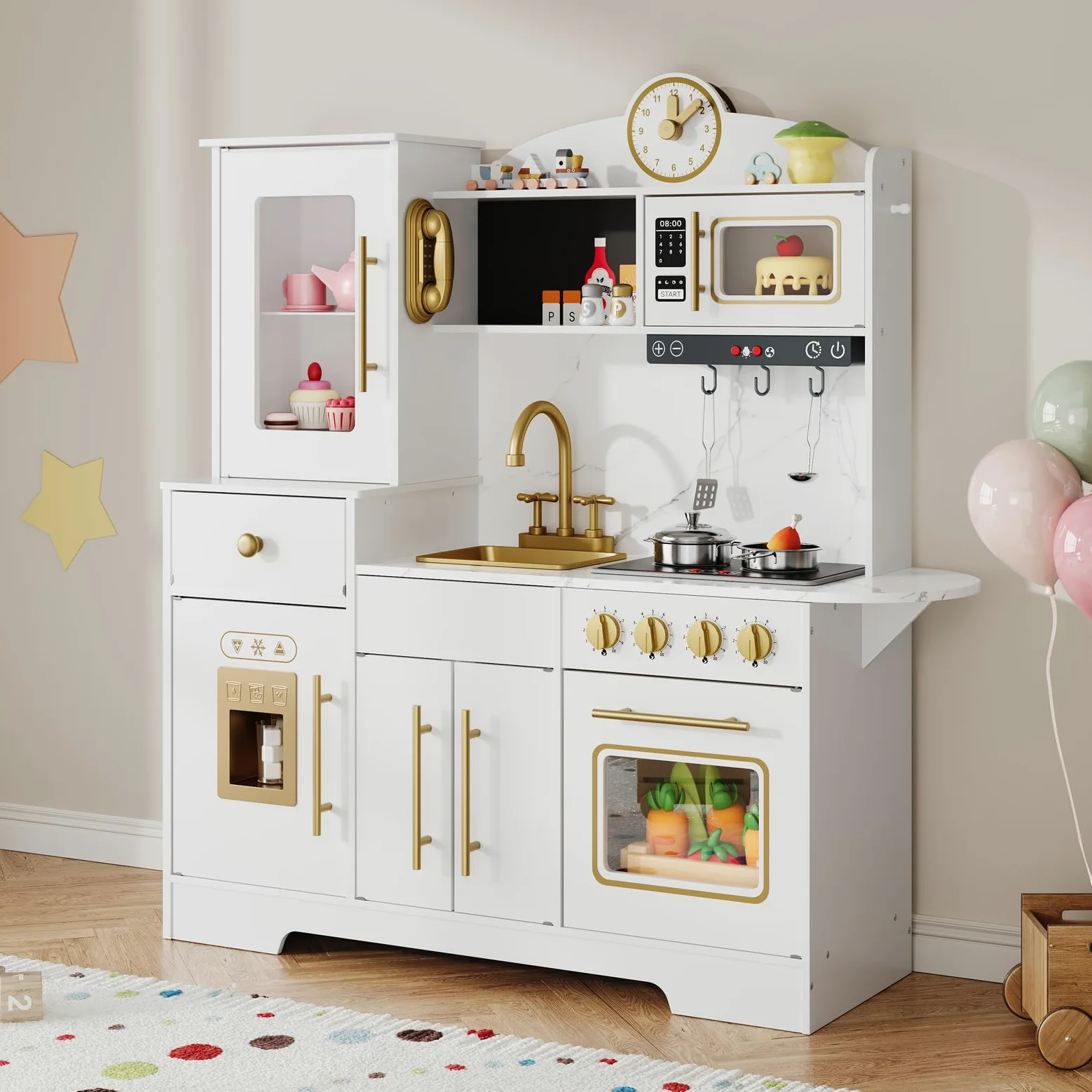 Cocina Juguete para Niños, Cocinita Infantil con Sonido Fogón Grifo Fregadero Microondas Reloj Máquina De Hielo y Accesorios De Cocina, Cocinita De Madera Infantil y 3 Años +, Educativo Imitación