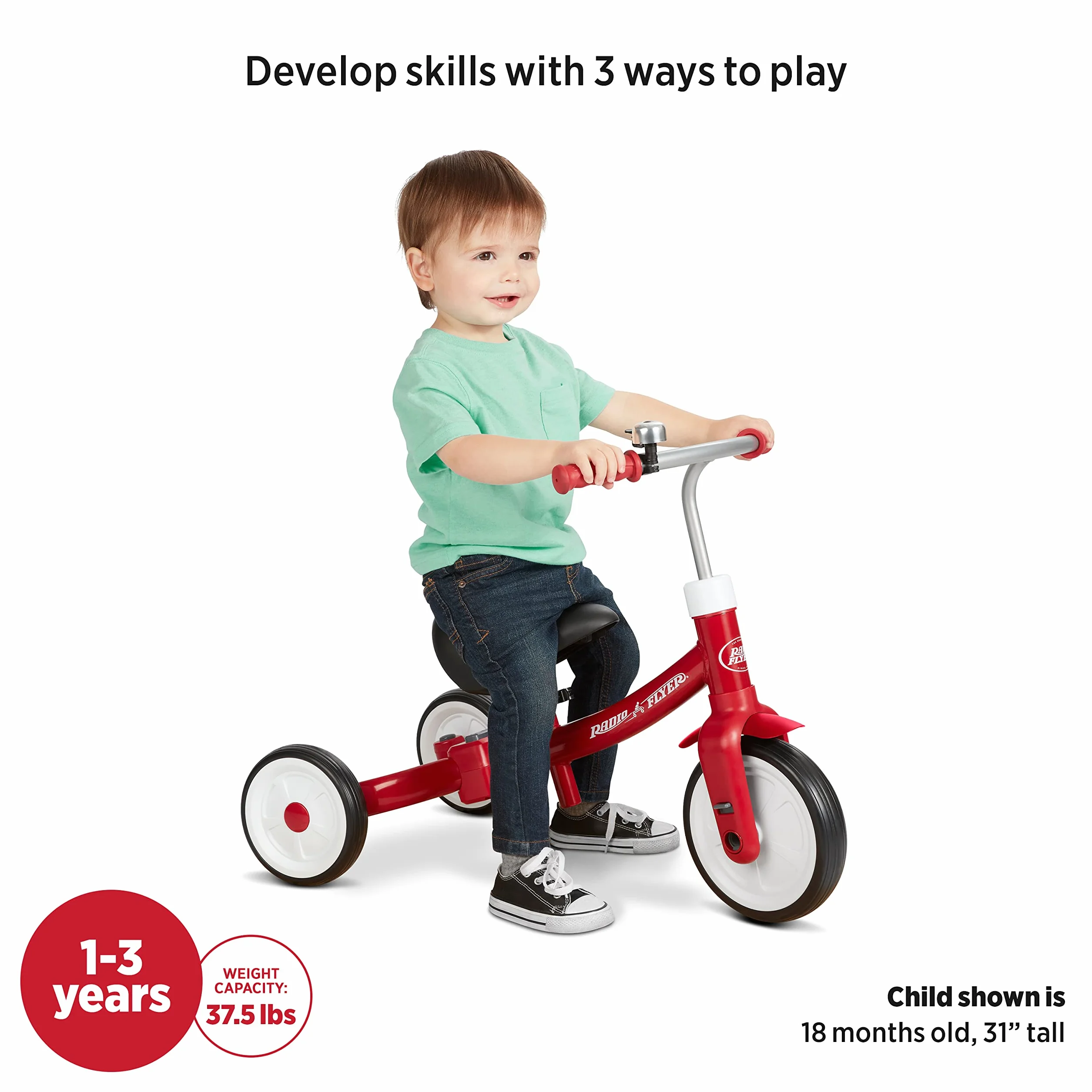 Radio Flyer Triple Play Triciclo, Triciclo Rojo para niños pequeños, Bicicleta de Equilibrio y Bicicleta para pedalear para Edades de 1 a 3 años