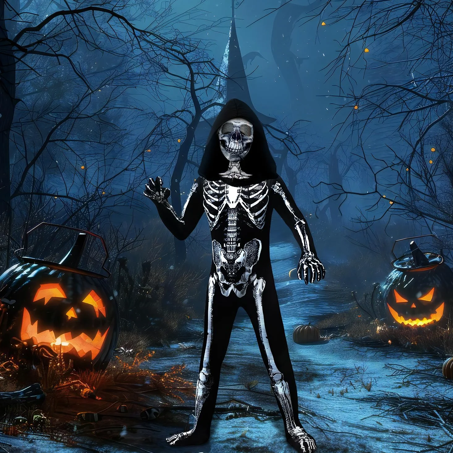 Disfraz de esqueleto de Halloween para niños, disfraz de esqueleto con capucha, huesos con máscara para niños y niñas, disfraz de cosplay de Halloween