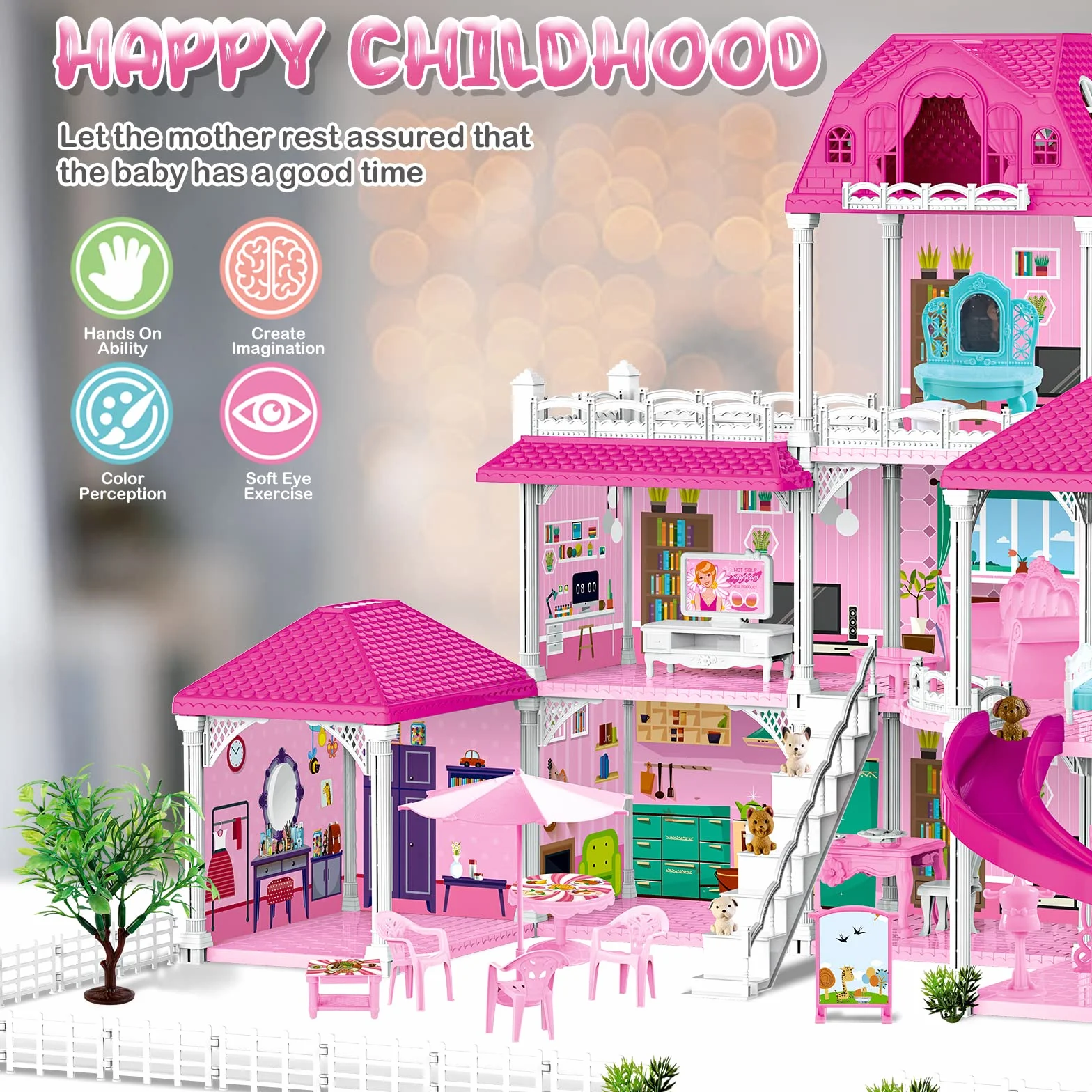 deAO Casa de Muñecas, 3-stöckige Grande Dream Doll House (83 * 52 * 63cm) con Accesorios 2 Muñecas, 4 Figuras Perros Miniatura, Muebles, Toboganes, Casita de muñecas para niñas(Dollhouse Plastico)