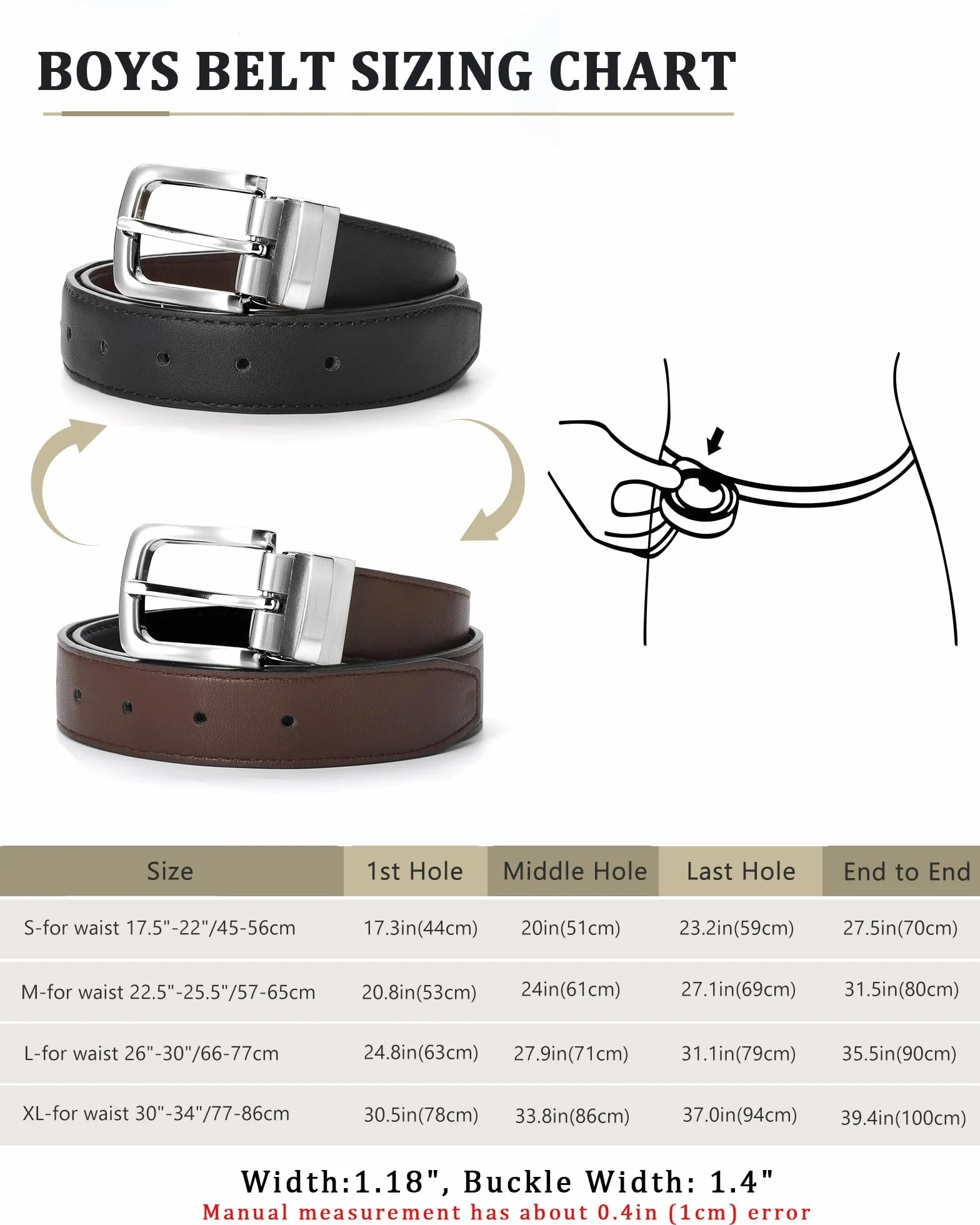 Kajeer Cinturón Reversible para Niños Negro y Marrón 30mm Cuero PU Uniforme Escolar
