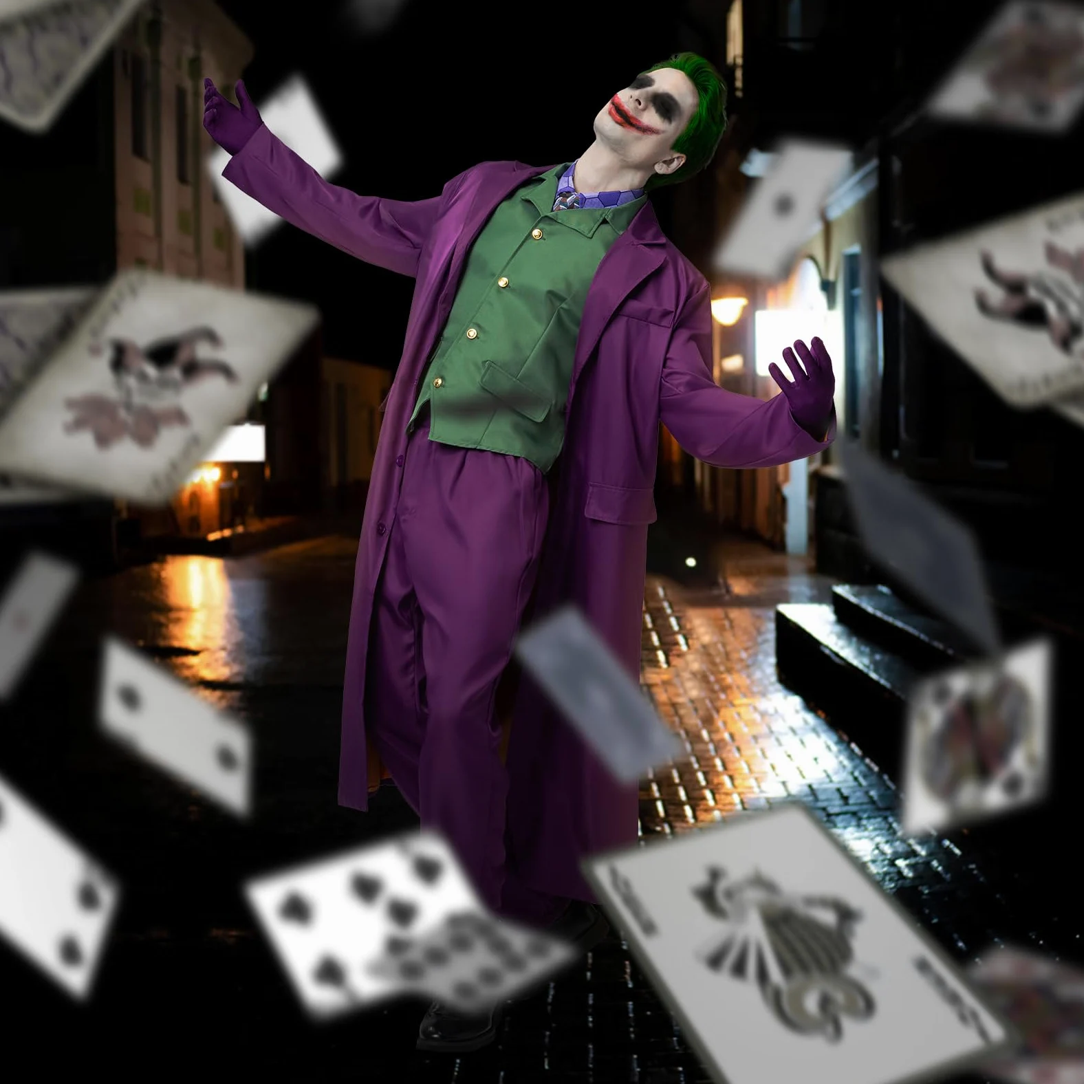 IEEILULU Disfraz Joker Hombre, Disfraz de Payaso Terror Hombre Halloween Disfraz Joker con Abrigo Morado, Chaleco Verde, Pantalones, Corbata, Cuello de Camisa Falso y Guantes para Halloween