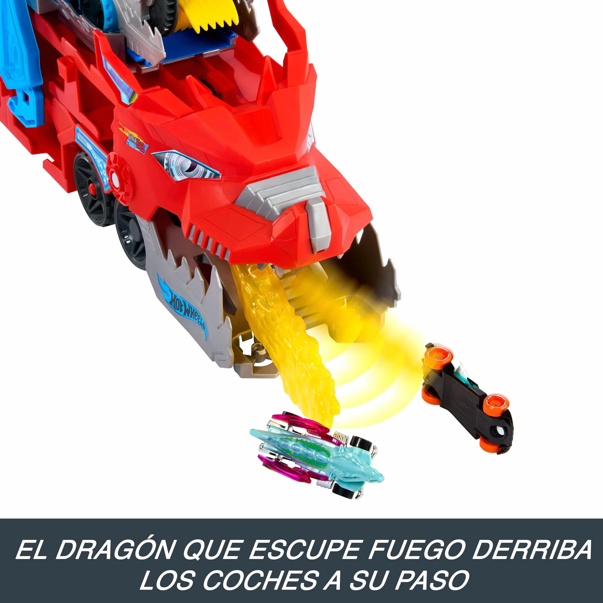 Hot Wheels City Dragón transportador con Ataque Doble definitivo Conjunto de Pista de Coches de Juguete con 2 Coches metálicos, dragón a Gran Escala y Desmontable, Capacidad más 20 vehículos, JKJ79