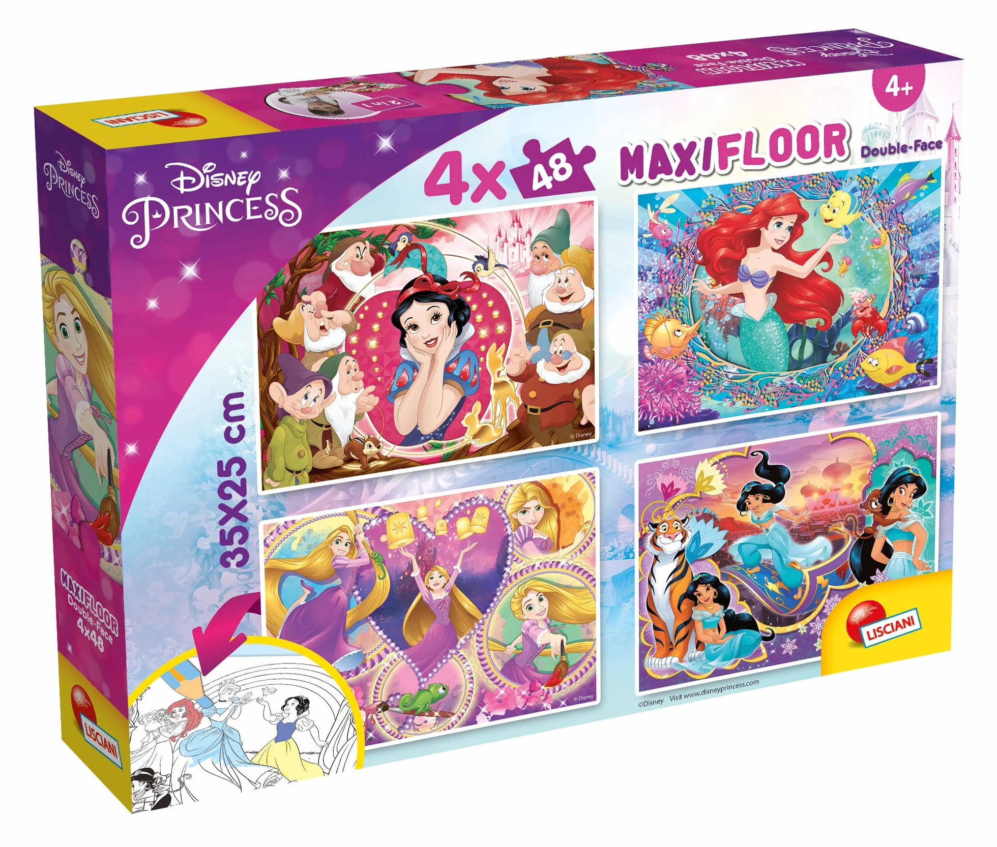 Lisciani Puzzle Disney Princesas 4x48 Piezas 2 en 1 Doble Cara para Colorear 192 Piezas