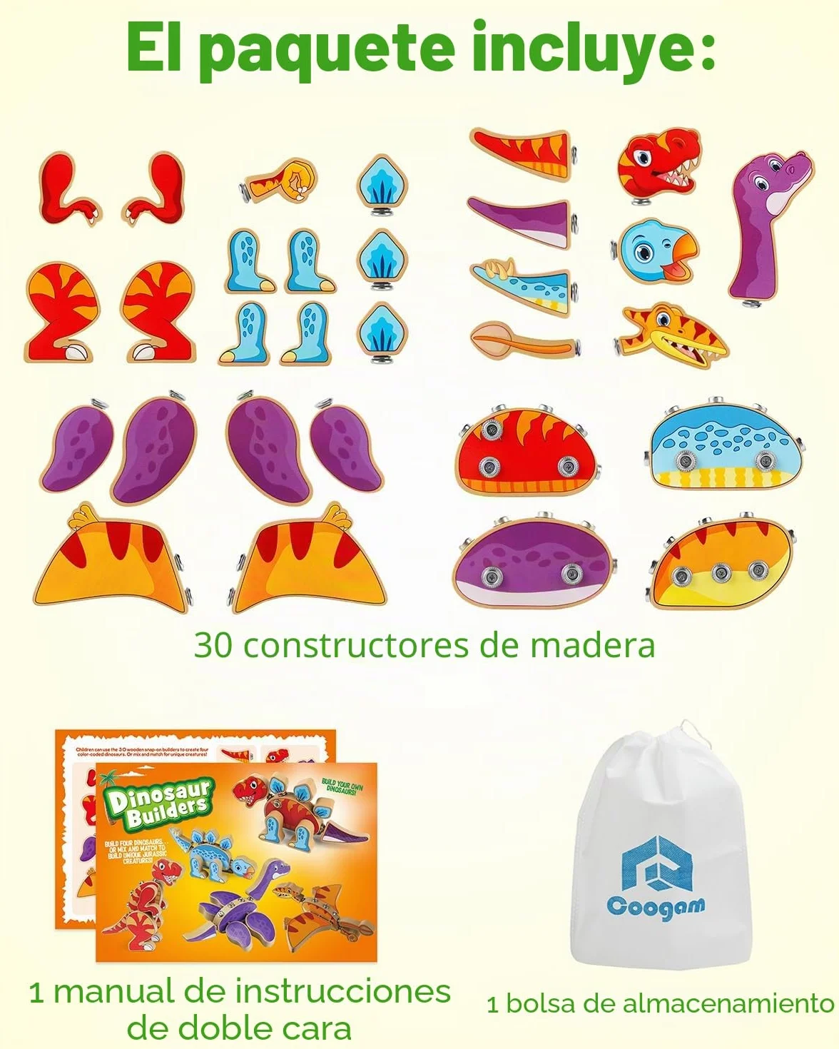 Coogam Juguetes de construcción de dinosaurio a presión, juego de dinosaurio de madera desmontable, STEM Montessori, juguete educativo de habilidades motoras finas, regalo para niños de 3, 4, 5 años