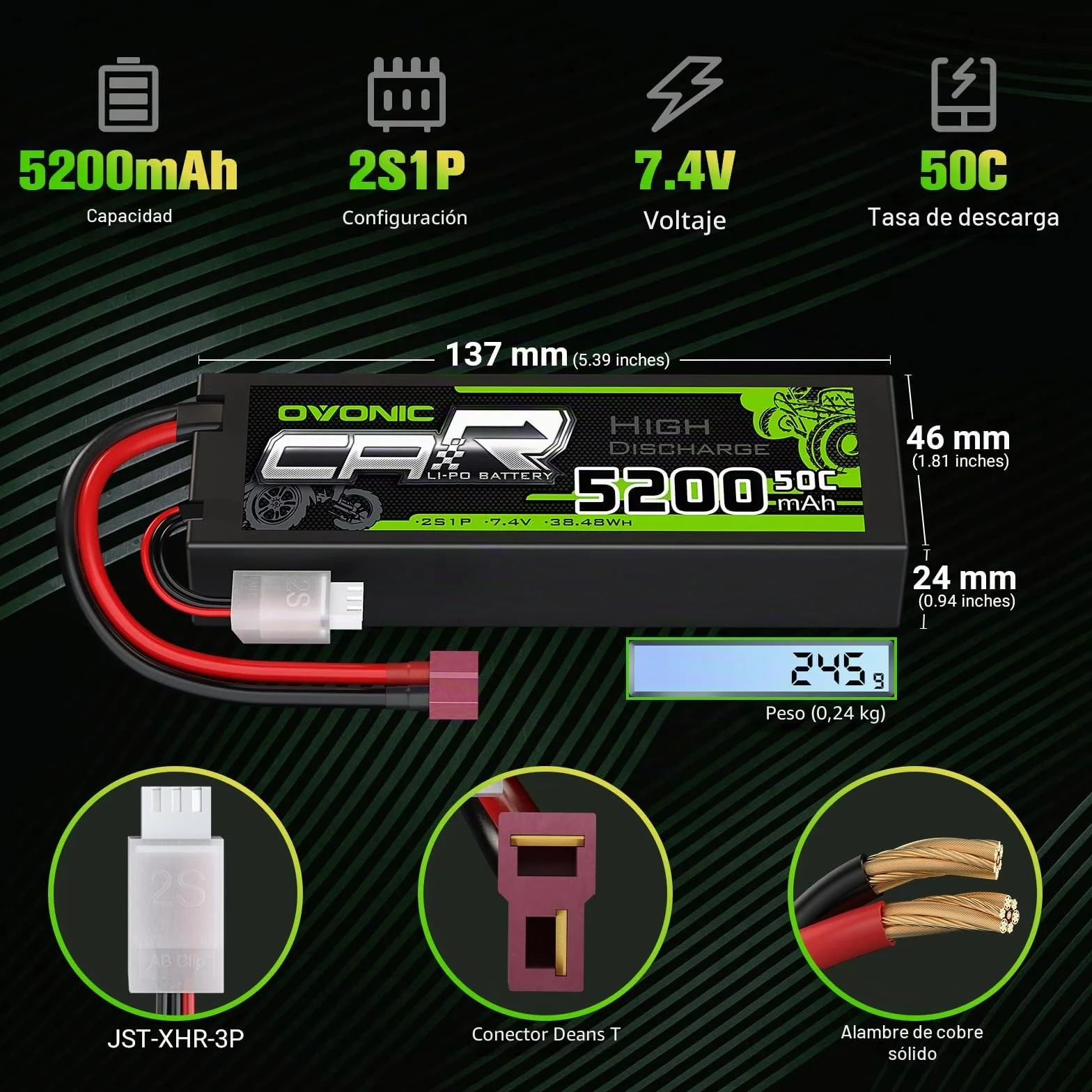 OVONIC Batería Lipo 2s 7,4 V 50 C 5200 mAh con conector T Deans Style para RC Car Truck (2 unidades)