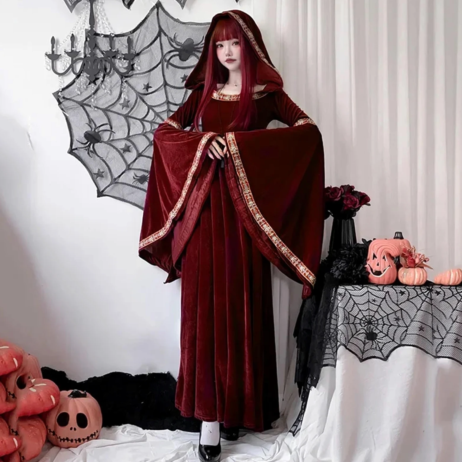 Vestido vintage de bruja Disfraz de vampiro medieval vintage for mujer adulta, vestido bruja largo con sombrero rojo, accesorios escenario
