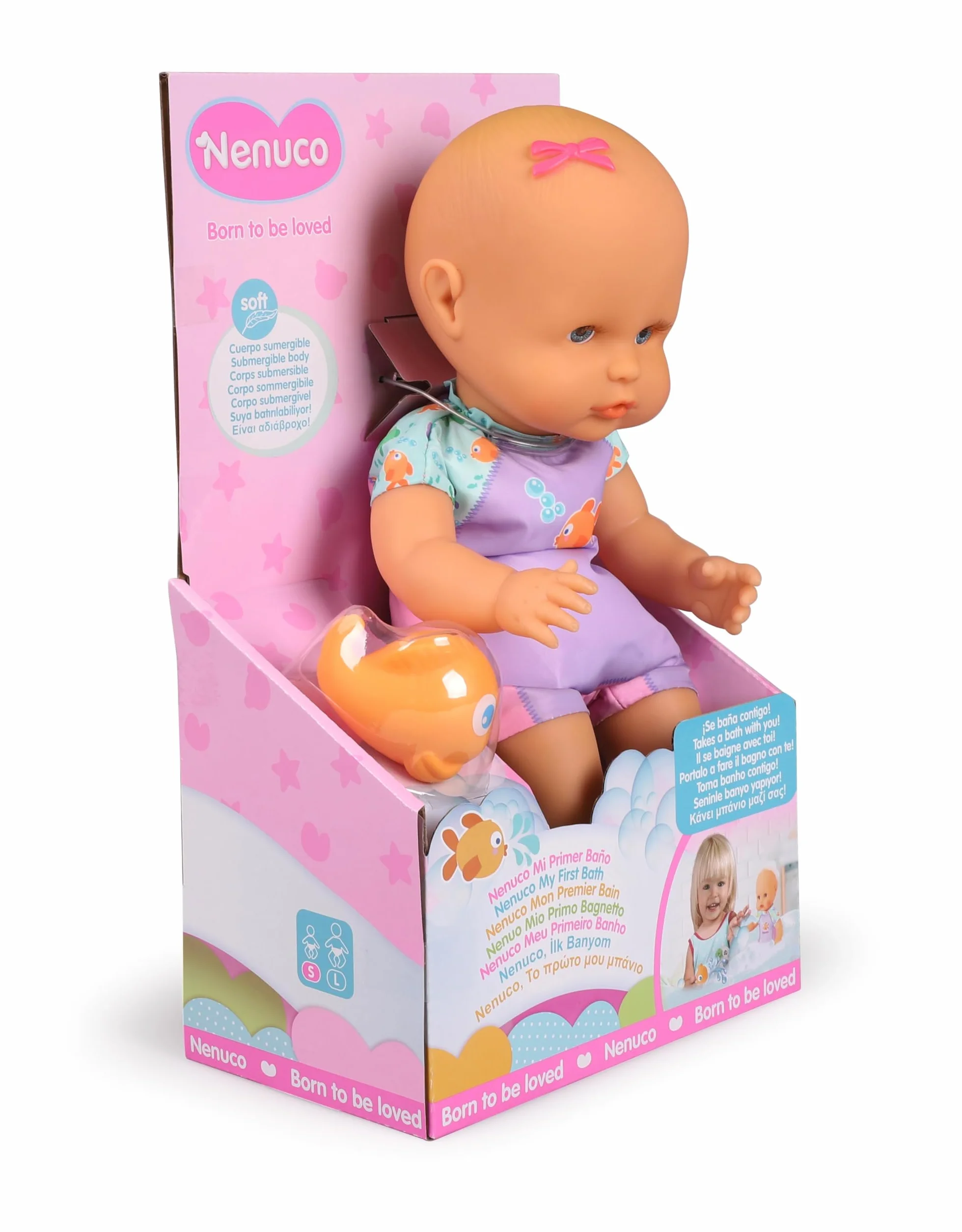 Nenuco - Mi Primer baño, un muñeco blandito de Cuerpo Sumergible, lo Puedes Meter en la bañera, en la Piscina y en el mar. Incluye bañador y un pececito Que se Puede Meter en el Agua (NFN88000)