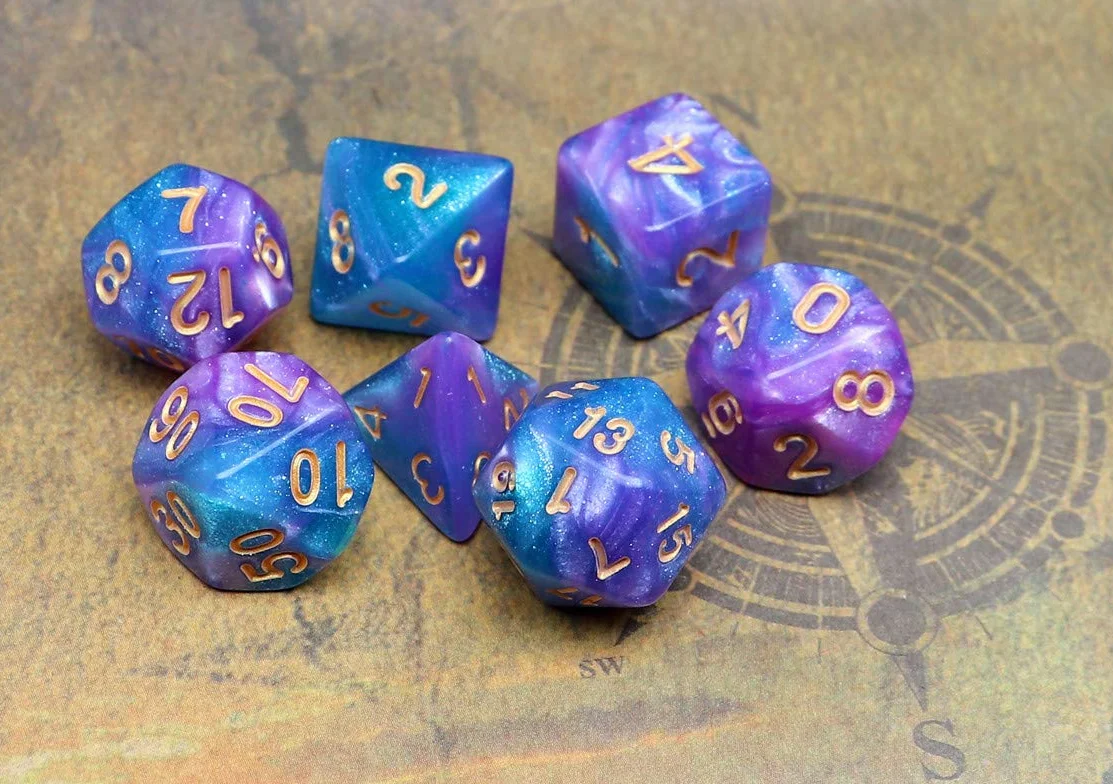 DND - Dados Poliédricos Azul y Morado con Purpurina para Dungeon and Dragons D&D, Juego de Rol y Mesa