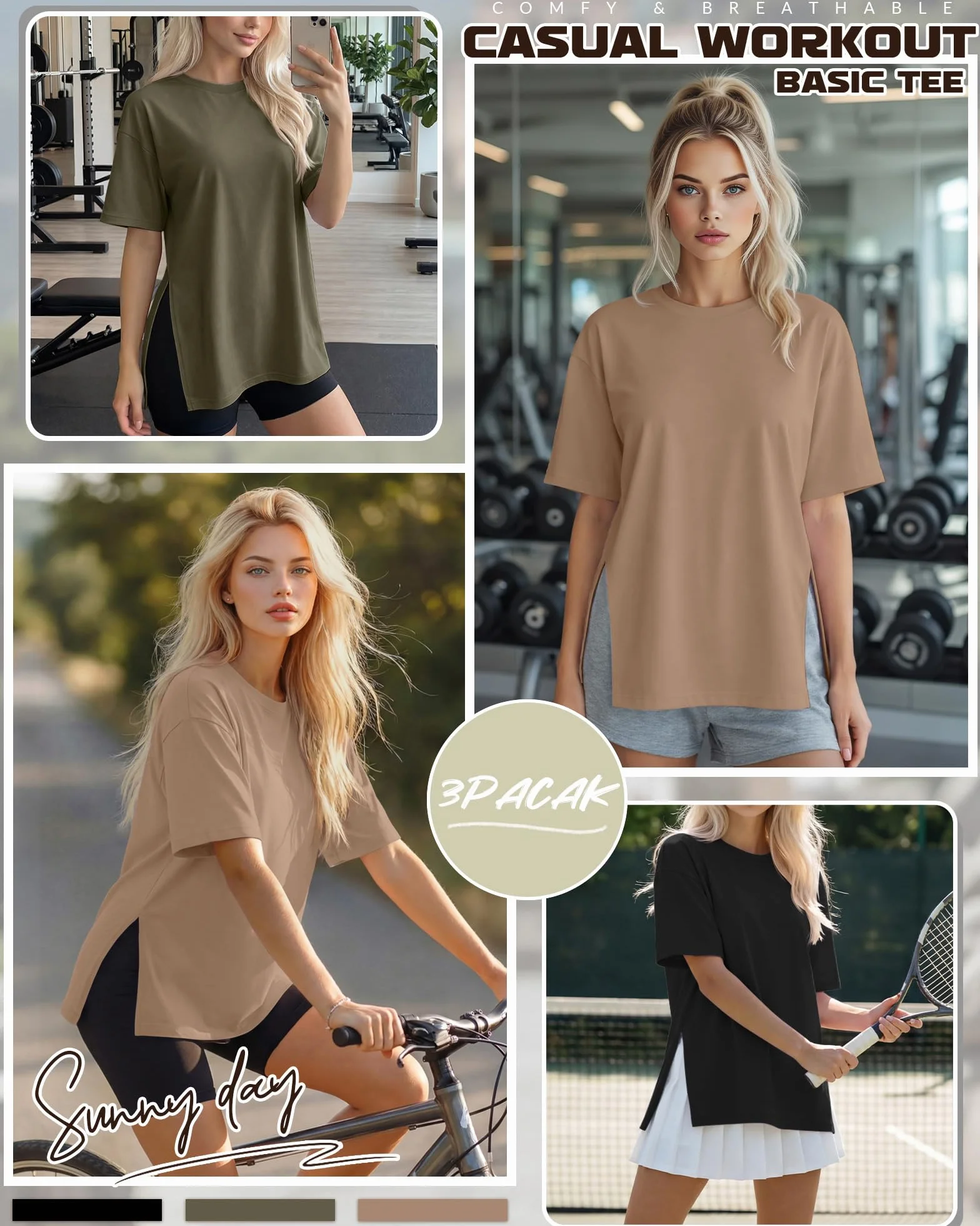 Geyoga Camisetas Deportivas Mujer Manga Corta Cuello Redondo Corte Holgado Paquete 3