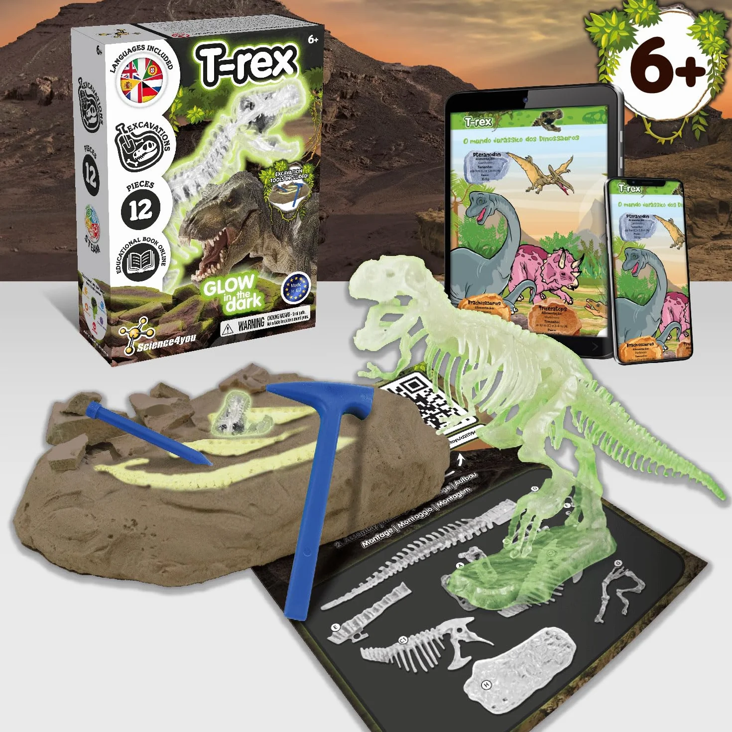 Science4you T-Rex Excavaciones Fósiles para Niños - Excava y Encuentra Dinosaurios Que Brillan en la Oscuridad, Juguetes Regalos 6+ Años