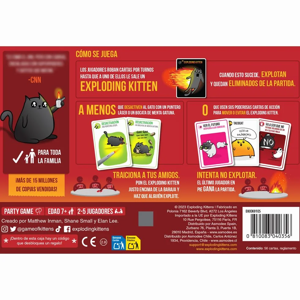 Asmodee Exploding Kittens, Juego para niños y Adultos a Partir de 7 años, Juego de Mesa estratégico y humorístico, No Hagas explotar los Gatitos, 2 a 5 Jugadores, 15 min, Español