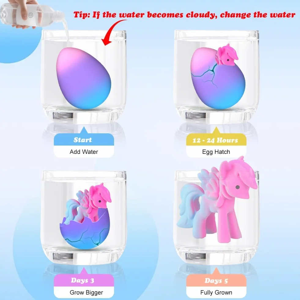 Unicornio Eclosionando Huevos Arcoíris, 6 Huevo de Unicornio Juguete para incubar en Agua, Caja Sorpresa para Eclosión Mágica para Niños Niñas Regalos para Cumpleaños Pascua