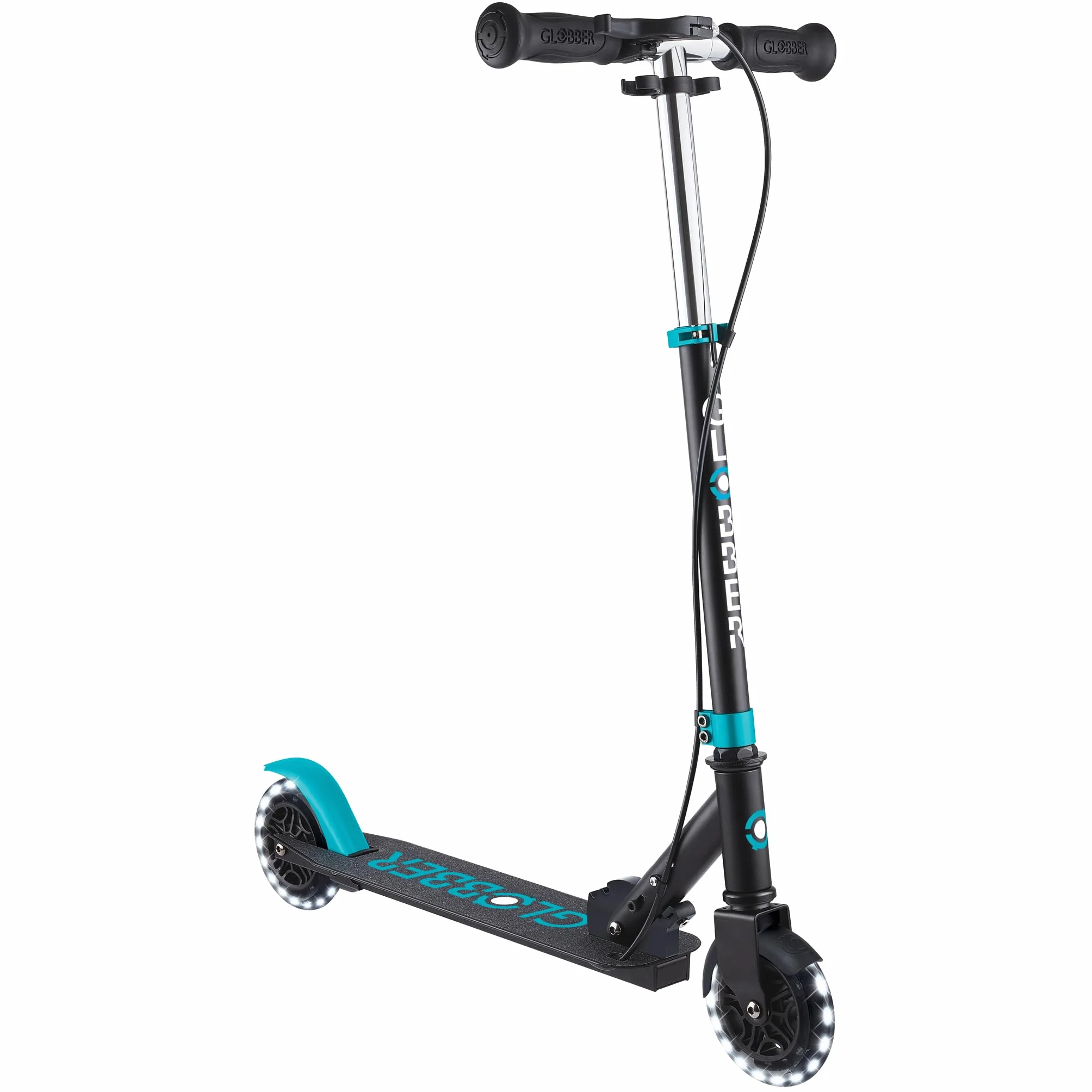 Globber - Flow Element Junior Lights - Patinete Plegable de 2 Ruedas con Freno Trasero, Manillar Ajustable y Luces LED, para niños Desde los 4 años - Azul Turquesa