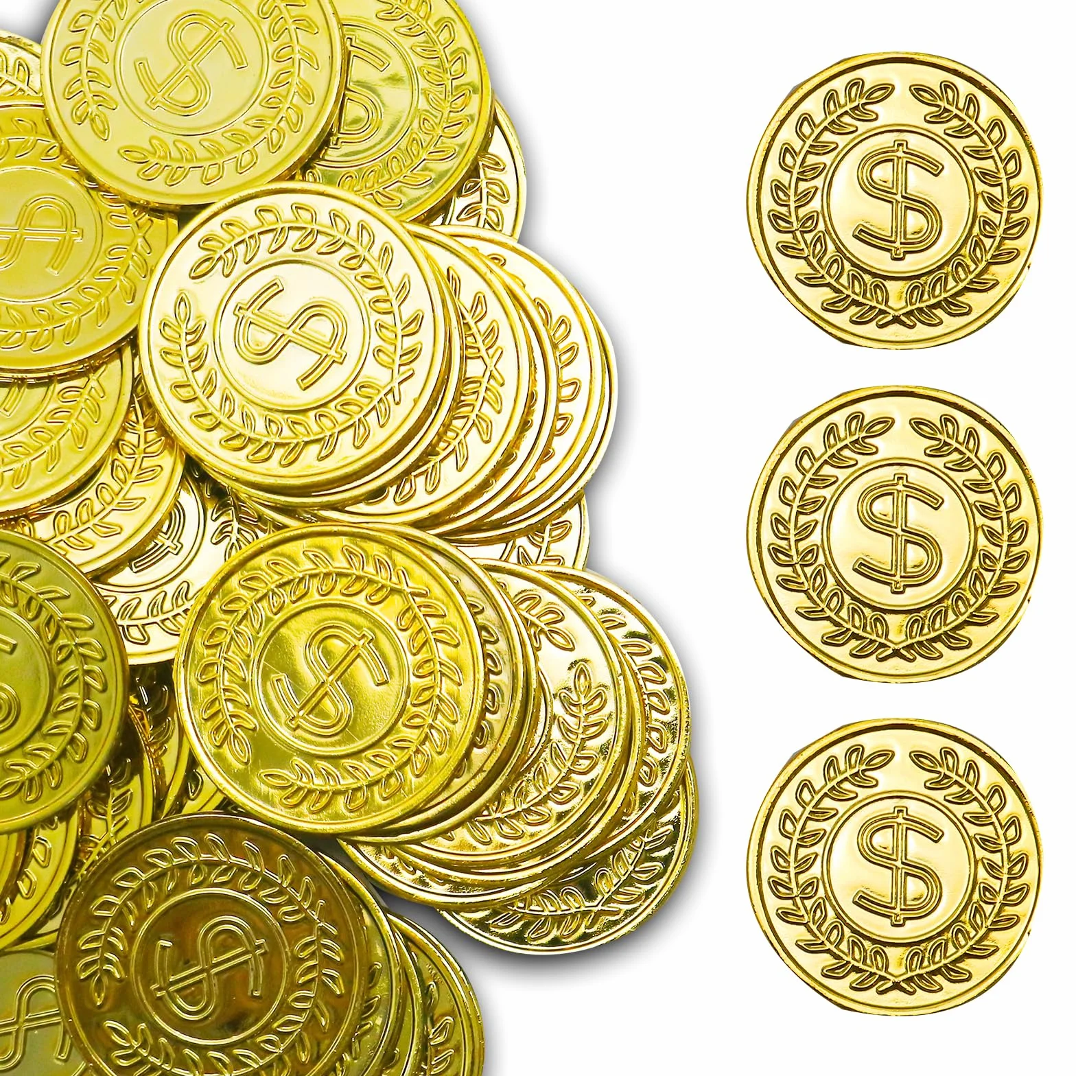 soitzhoc 100 piezas monedas de plastico，dinero de juguete，monedas de oro falsas,monedas juguete，monedas de oro de juguete para la caza del tesoro y los regalos de fiestas