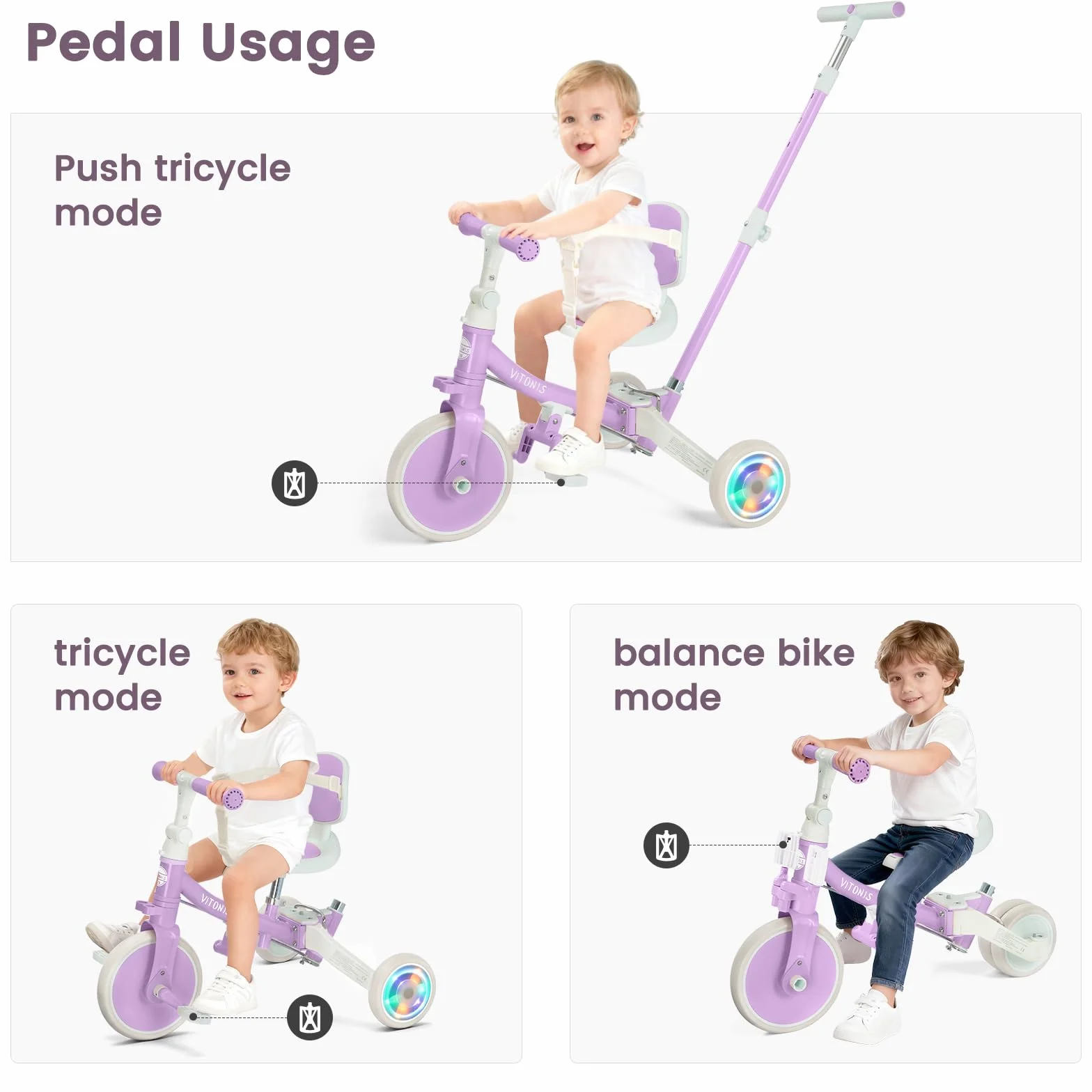 VITONIS Triciclo Infantil 5 en 1 para niños de 18 Meses a 5 años, con Ruedas Luminosas, Barra de Empuje, Respaldo y cinturón de Seguridad, Regalo para niños y niñas, Bicicleta sin Pedales, Morado