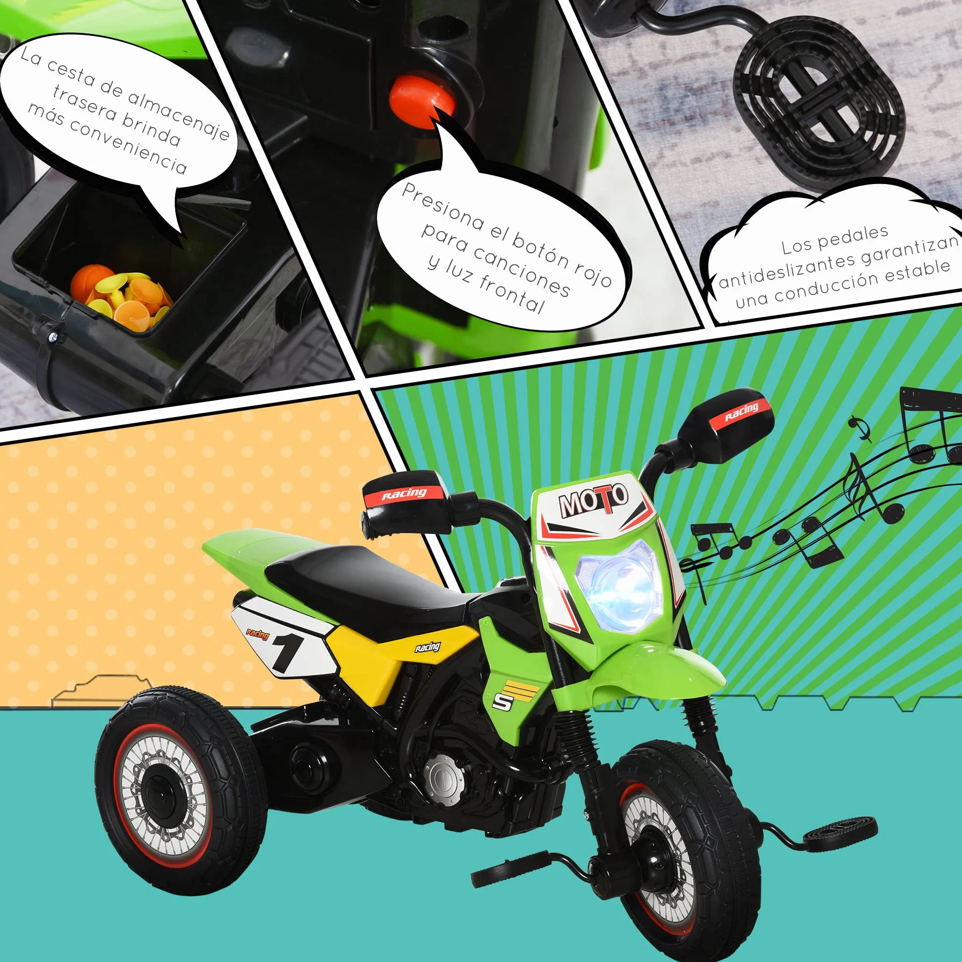 HOMCOM Moto Correpasillos para Niños de 18-36 Meses Triciclo para Niños Triciclo Infantil con 3 Ruedas Luces y Músicas Carga 20 kg 71x40x51 cm Verde