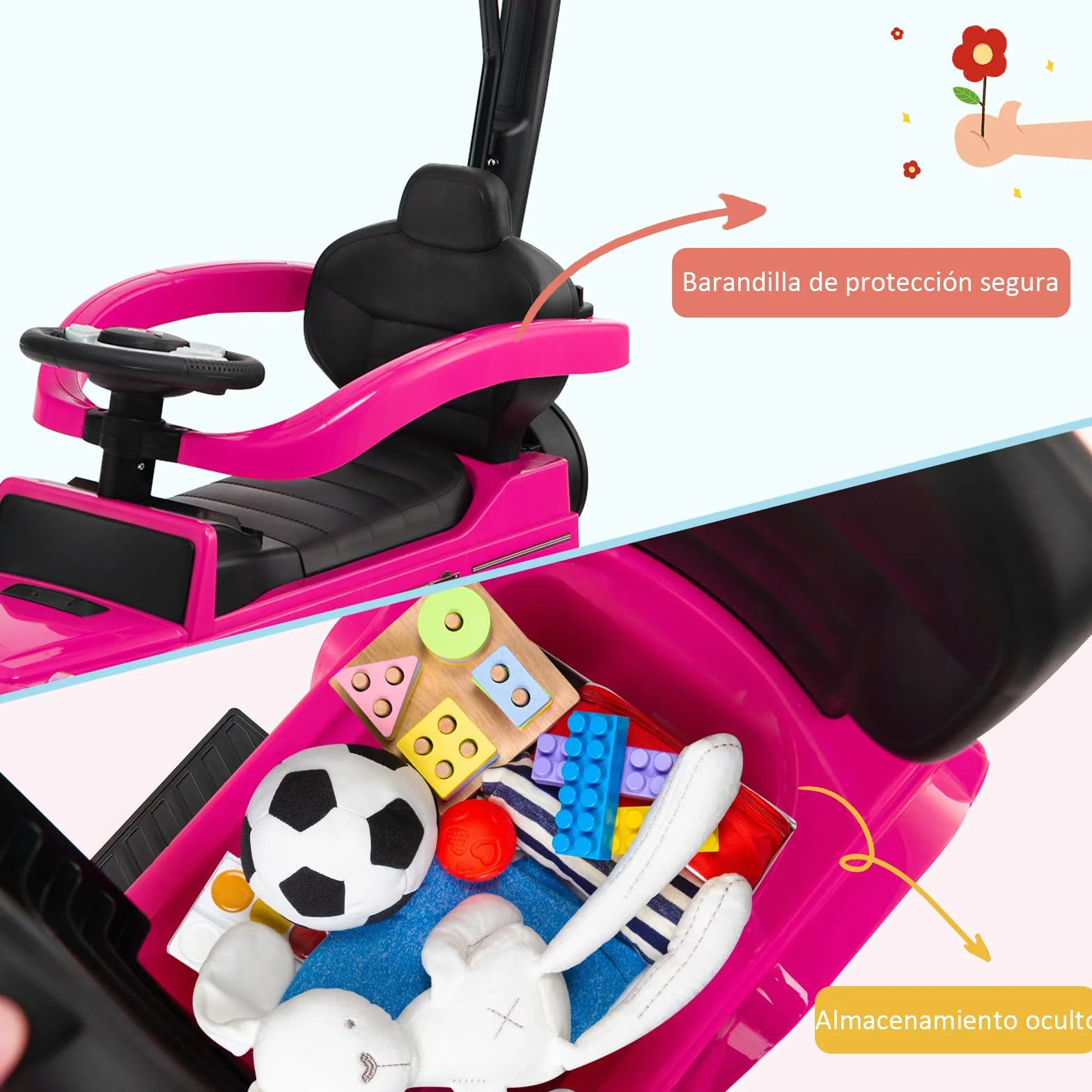 COSTWAY 3 en 1 Coche Correpasillos para Niños, Coche de Paseo Infantil Mercedes Benz con Toldo Ajustable, Manija para Padres, Barandilla para Apoyabrazos, Sonido del Motor y Bocina (Rosa)