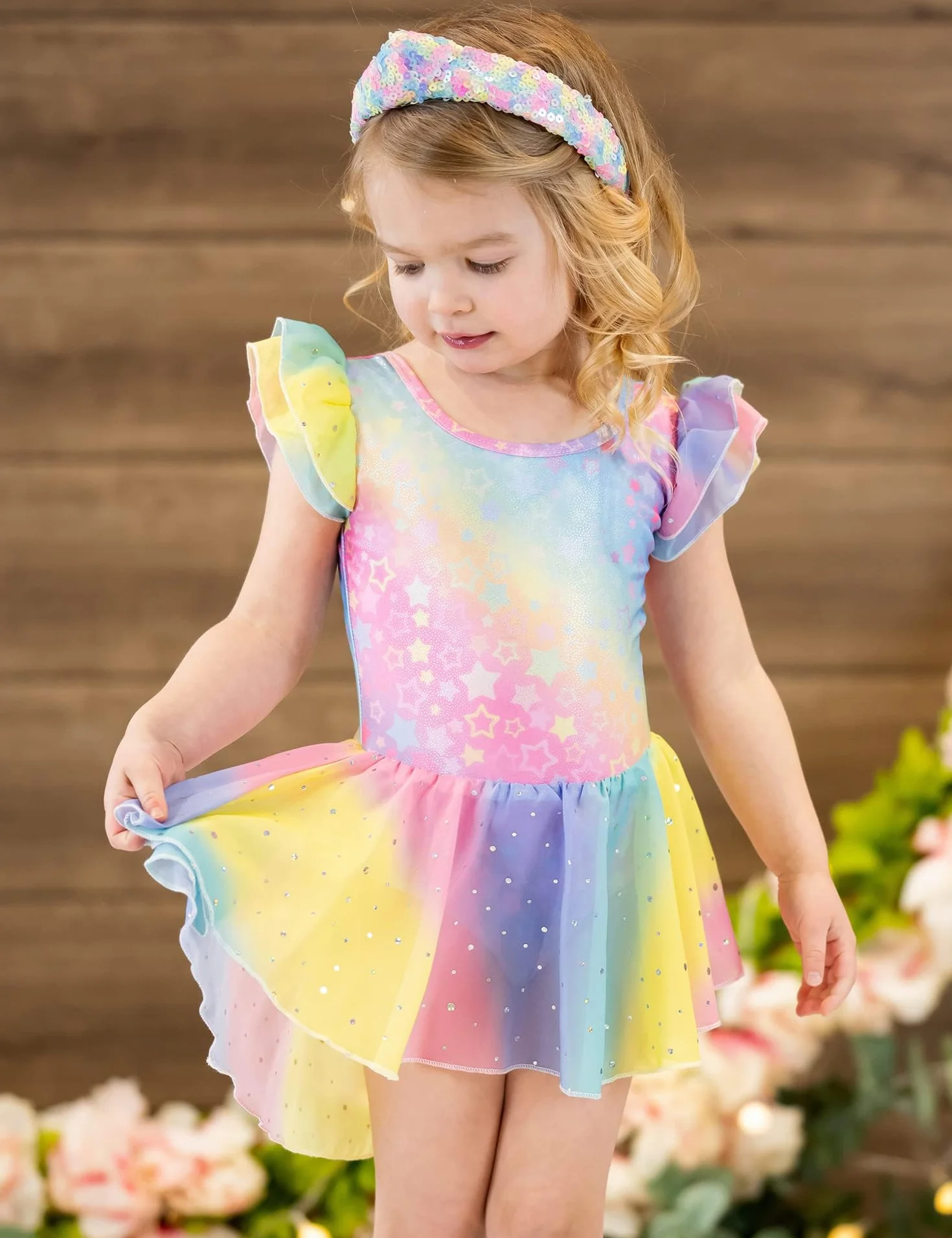 Arshiner Traje de Ballet para Niñas Sin Espalda Manga Corta Mono de Algodón con Falda Irregular Lentejuelas