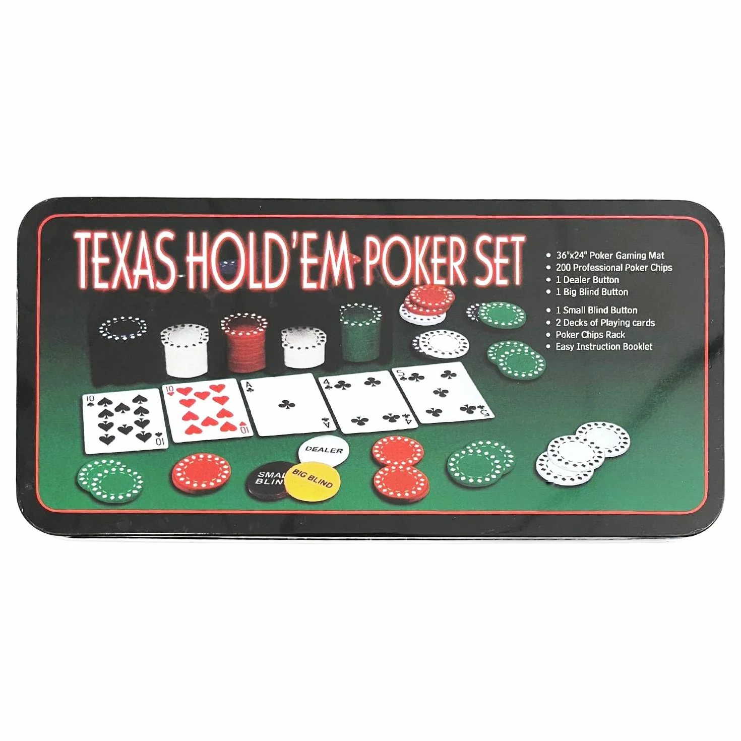 AUTOZOCO Set de Póker, Juego de póker Completo, Juego de Blackjack, Incluye 200 fichas, 2 Barajas de Cartas, botón de repartidor, ciega pequeña, Gran ciega, tapete de Juego, Caja metálica