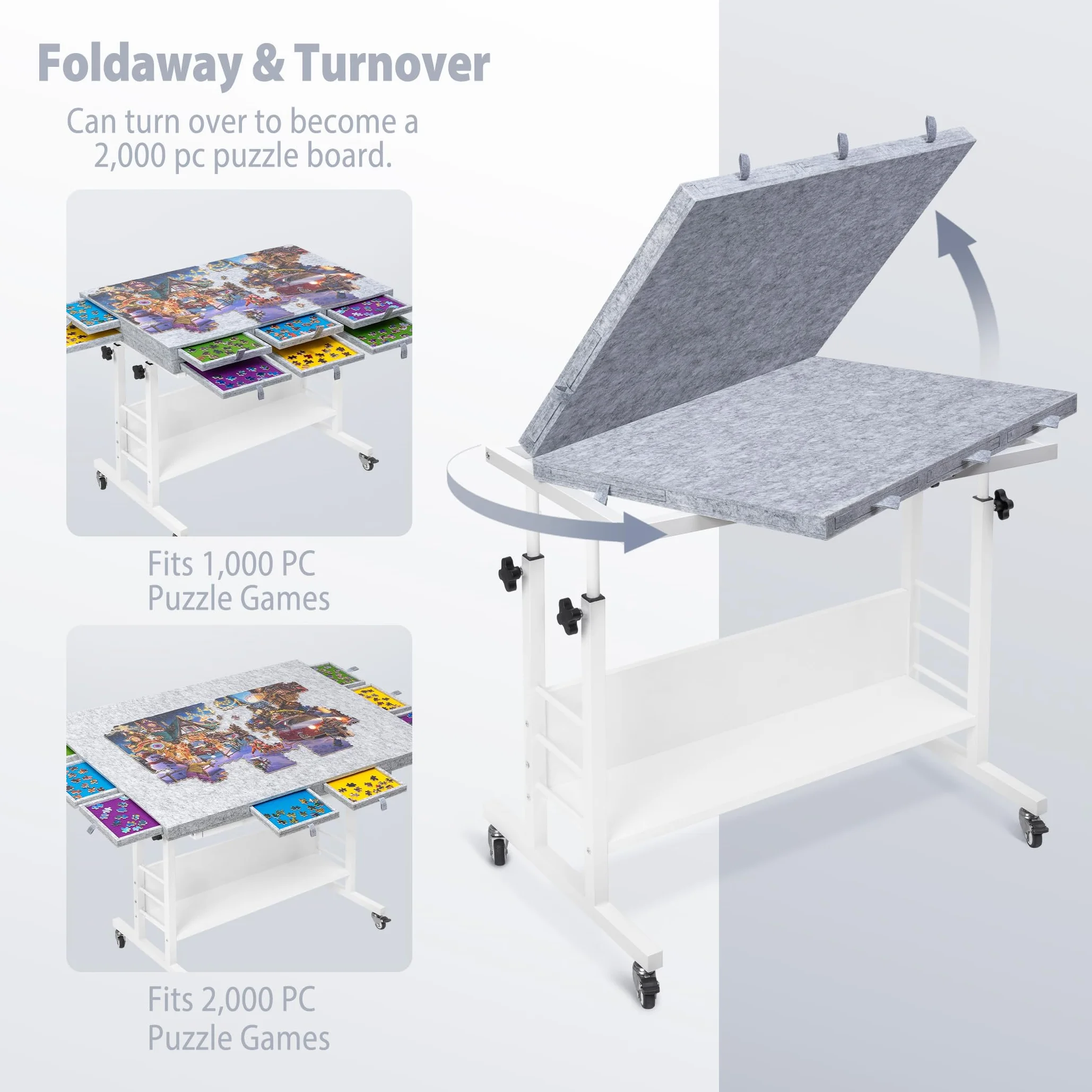 Tektalk Rompecabezas de Fieltro Plegable de 2000 Piezas con Ajuste de Altura, Mesa de Rompecabezas con 2 Cubiertas de Fieltro y 8 bandejas de clasificación/cajones, Caballete con Patas, Cerrado con 4