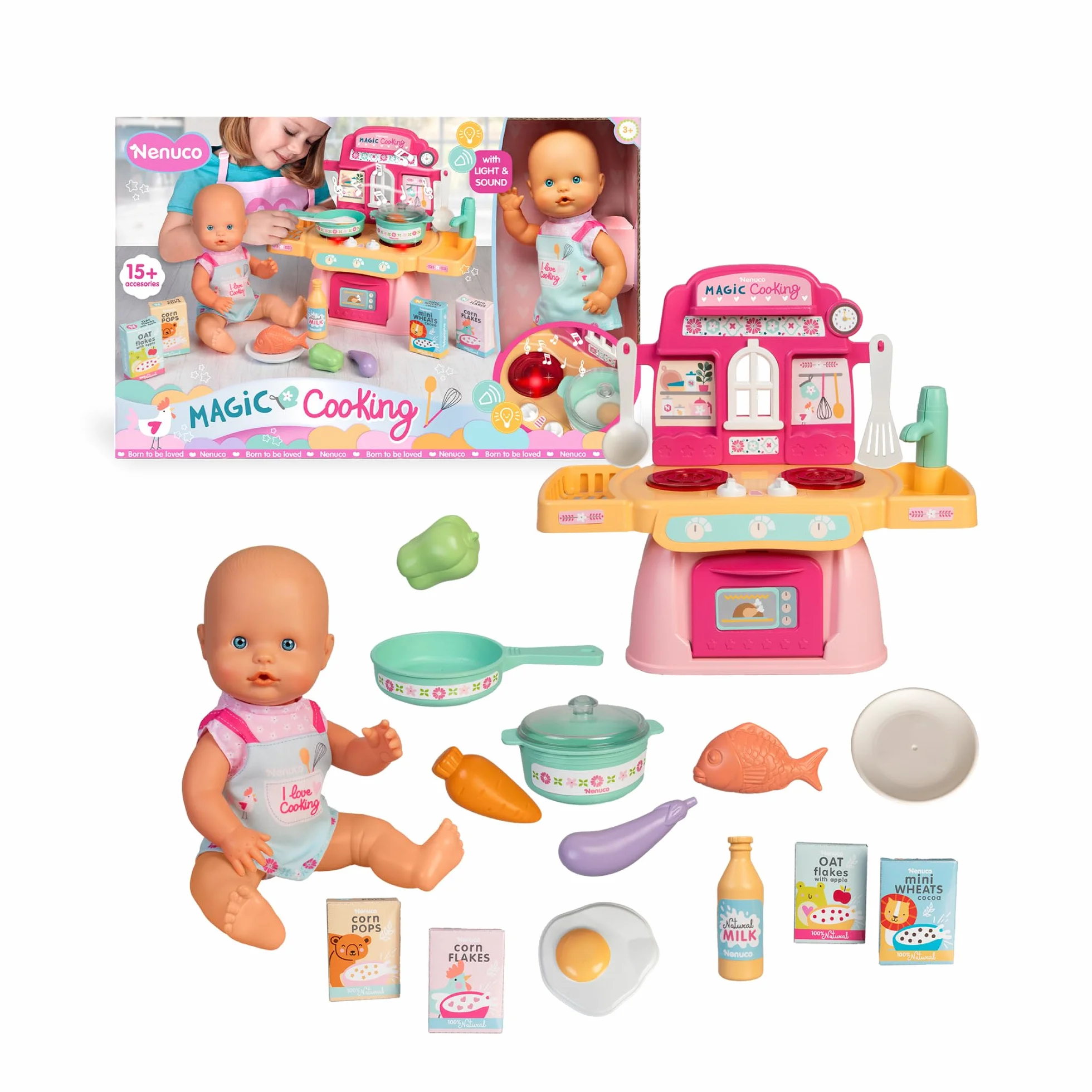 Nenuco - Cocinita Mágica, Muñeco de 30 cm con Cuerpo Duro, Incluye +10 Accesorios para Cocinar y Emplatar, Cocinita con Luces y Sonidos de Hervir y Freír, Delantal Personalizado, Famosa (NFNE3000)